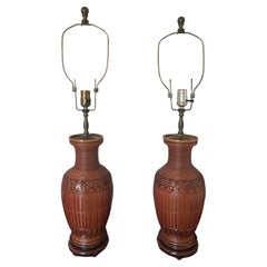 Pair of Vintage Chinese Wicker Covered Porcelain Table Lamps