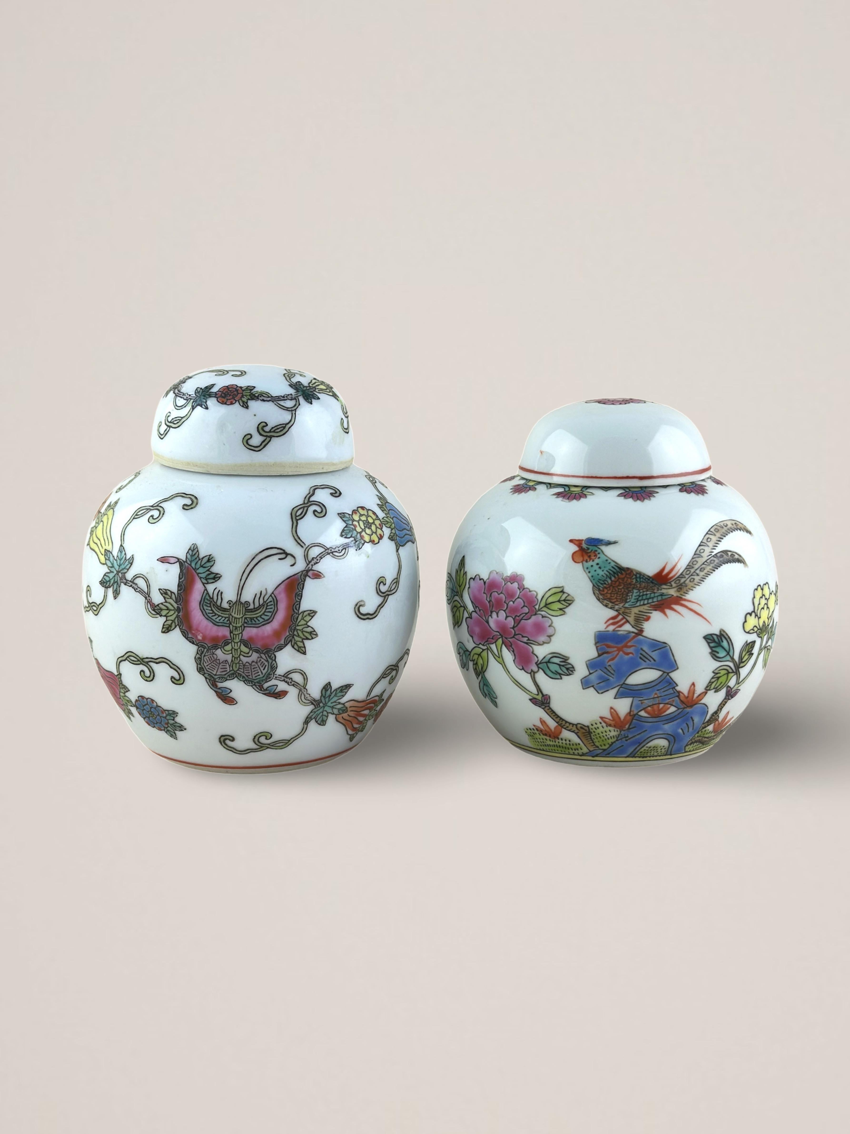 A pair of vintage ginger jars, handcrafted in Jingdezhen, China, in the 1970s, 

Both gingers jars are hand decorated; and exhibit the colourful wucai  technique. The wucai method involves painting and decorating the porcelain with enamels after the