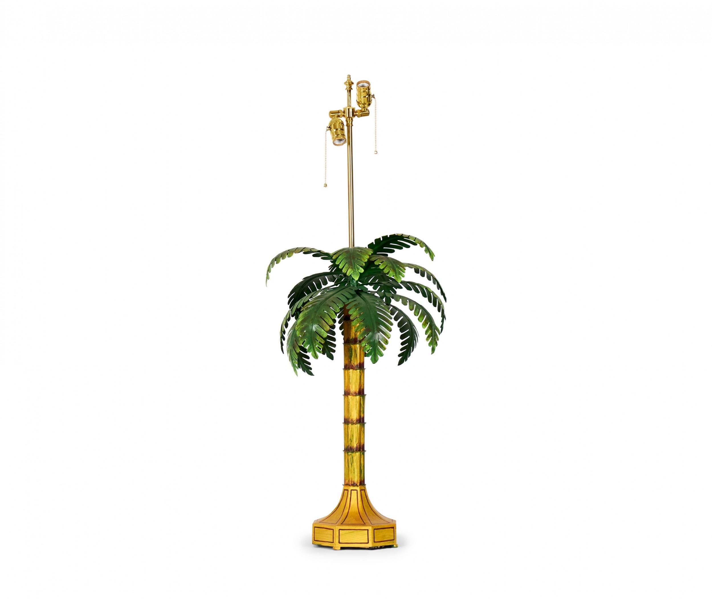 Paire de lampes de bureau chinoises vintage en tôle jaune et verte en forme de palmier en vente 3