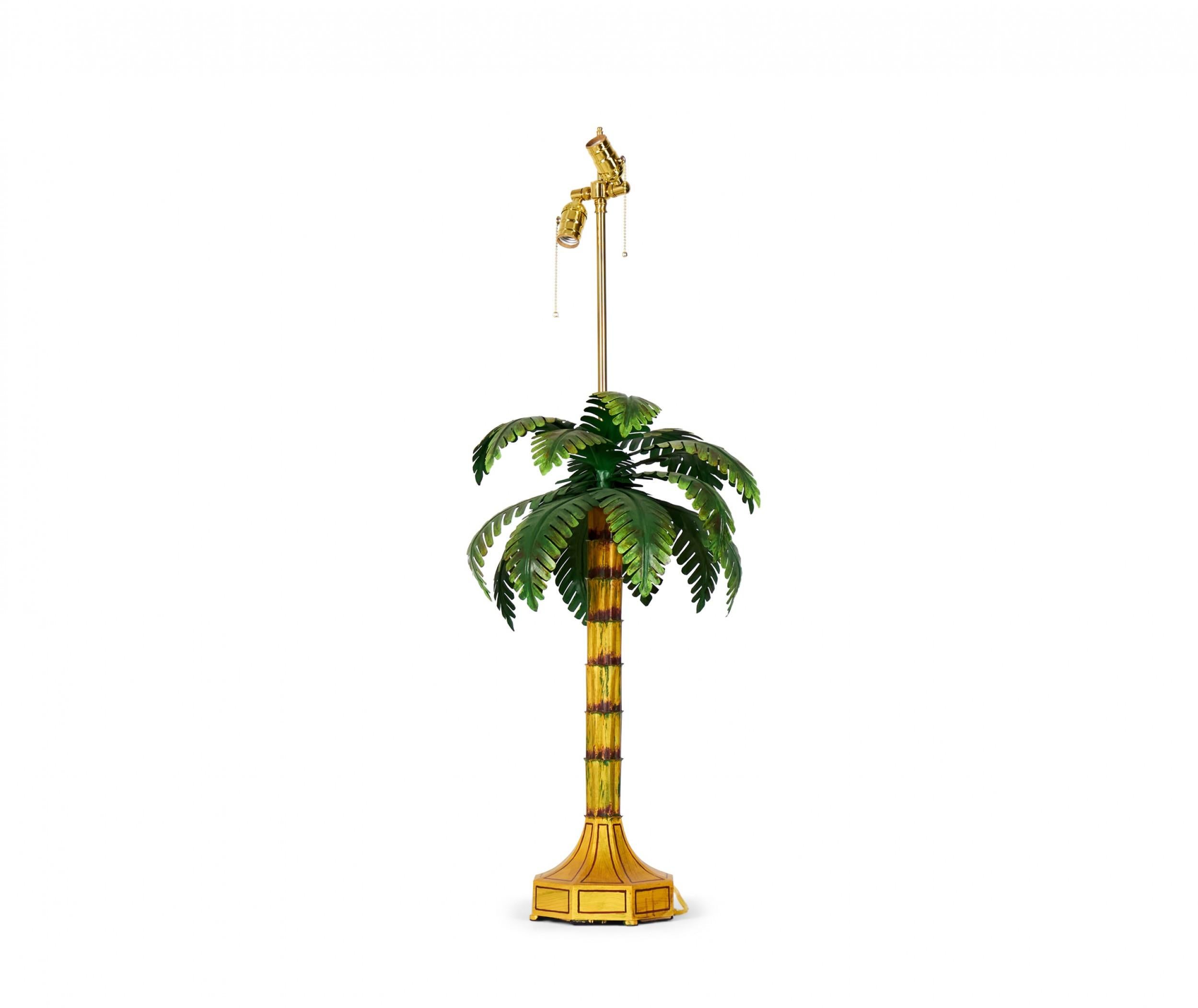 Chinois Paire de lampes de bureau chinoises vintage en tôle jaune et verte en forme de palmier en vente