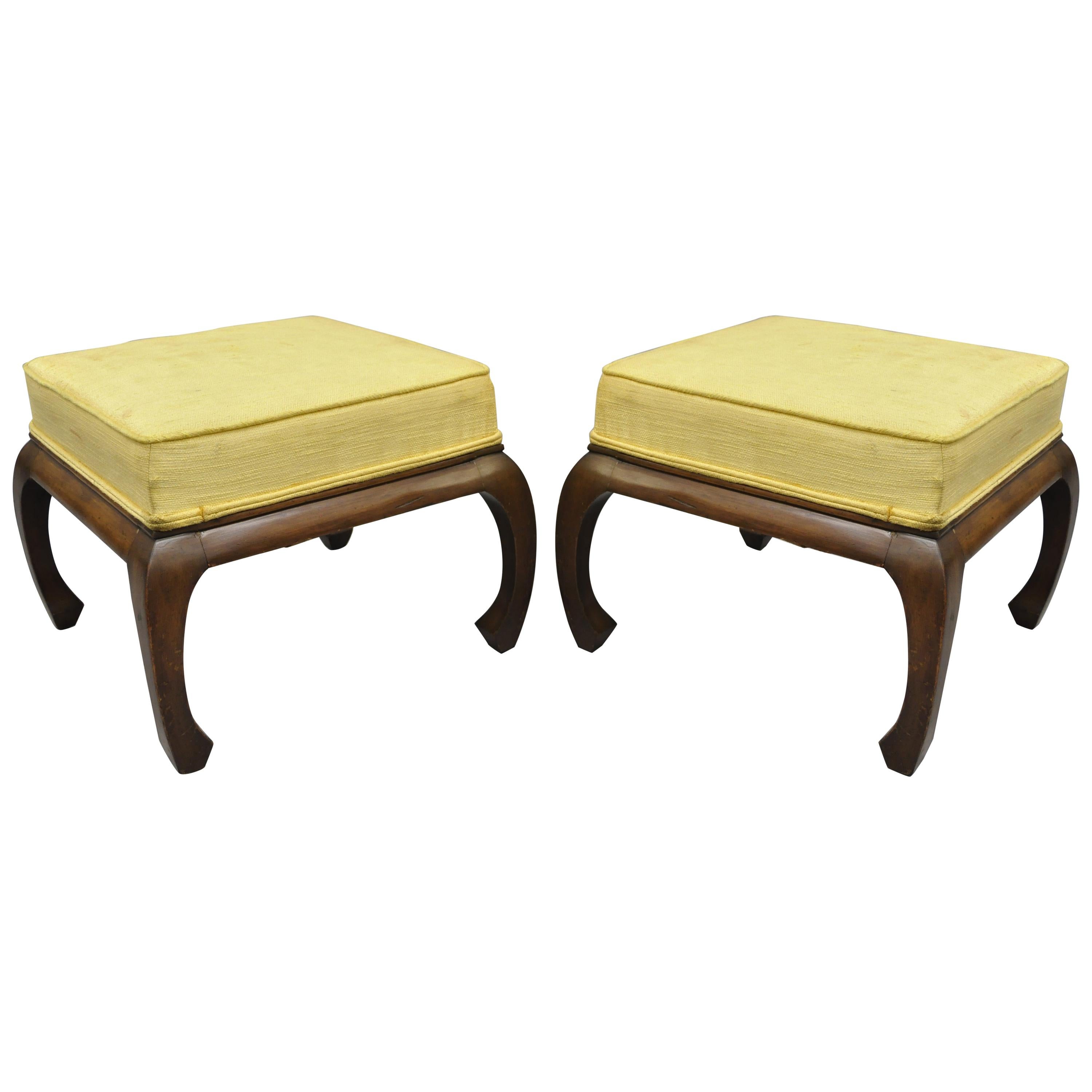 Pair of Vintage Chinoiserie Ming Style Box Seat Upholstered Ottoman Stools