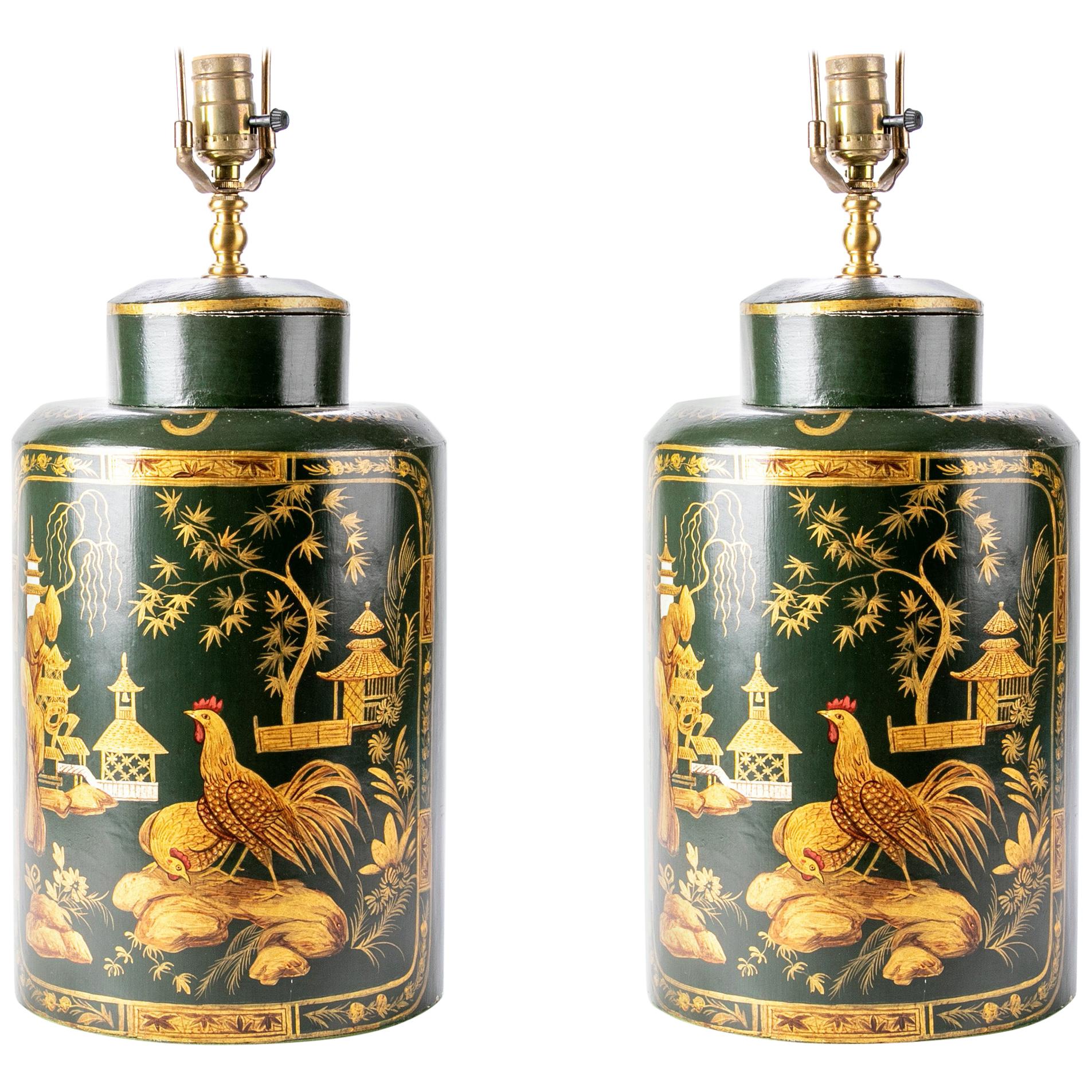 Pair of Vintage Chinoiserie Wood Tea Canister Lamps