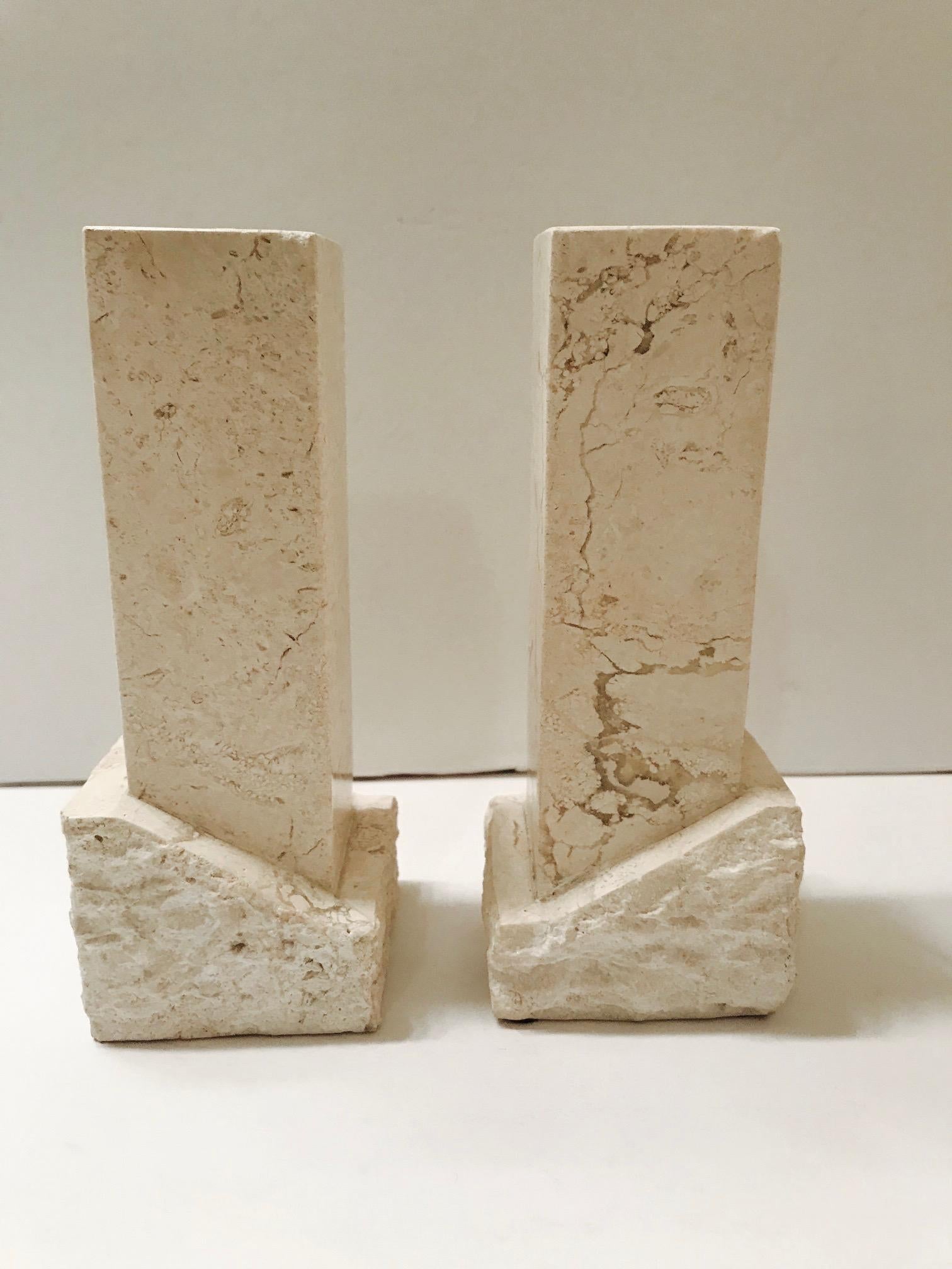 Mid-Century Modern Pair of Vintage Chiseled Marble Architectural Candleholders