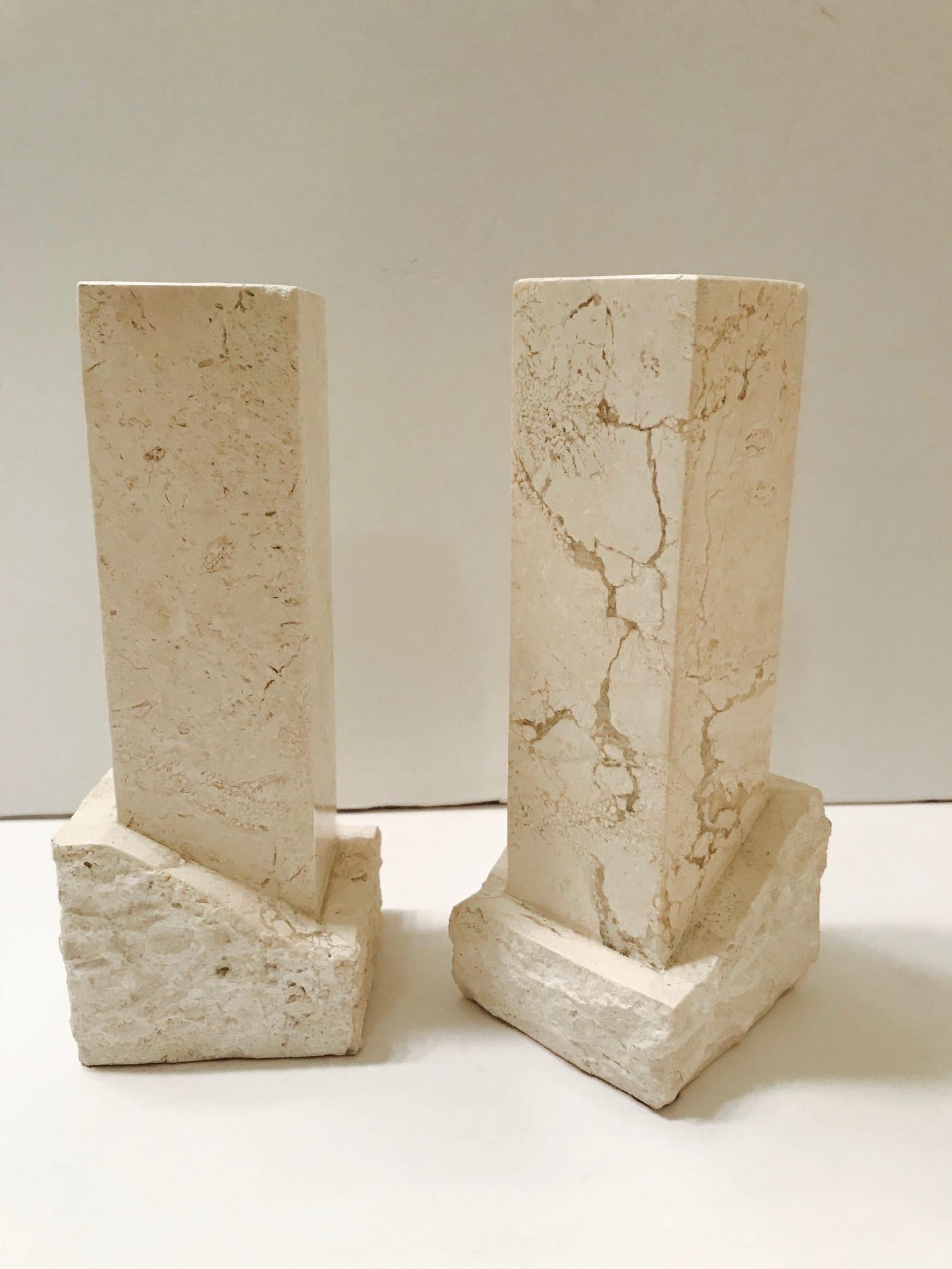 Philippine Pair of Vintage Chiseled Marble Architectural Candleholders