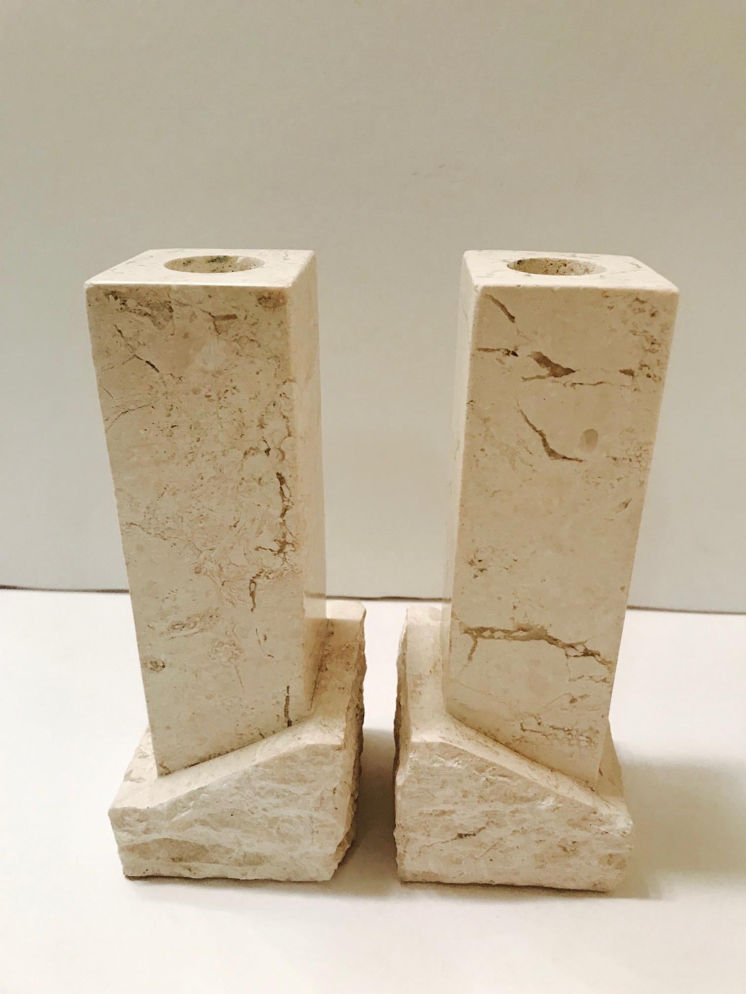 Late 20th Century Pair of Vintage Chiseled Marble Architectural Candleholders