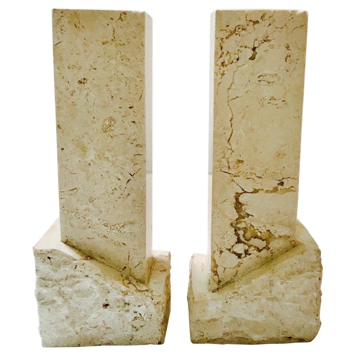 Pair of Vintage Chiseled Marble Architectural Candleholders