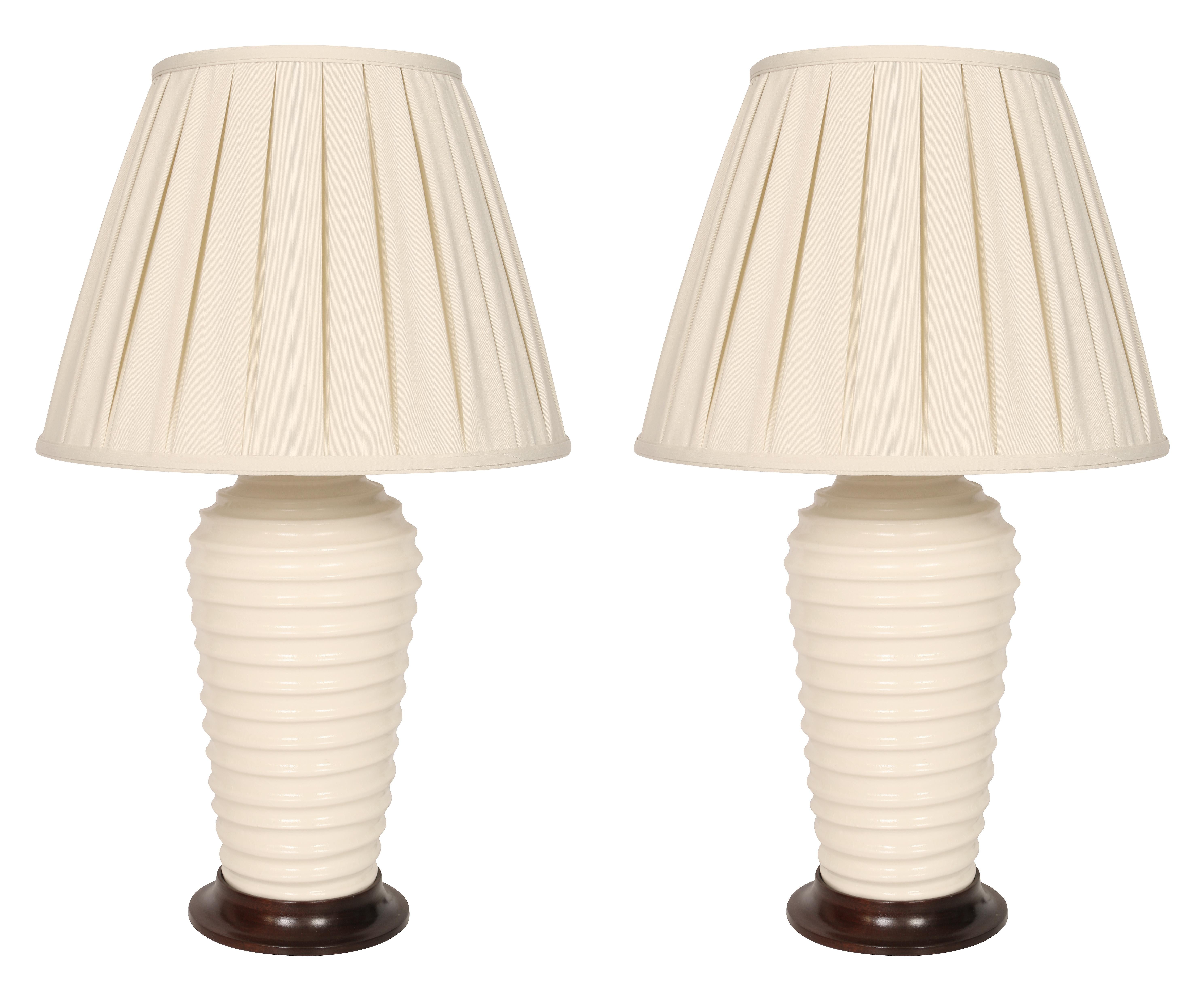 Pair of Vintage Christopher Spitzmiller White Ribbed Porcelain Lamps In Good Condition In Locust Valley, NY