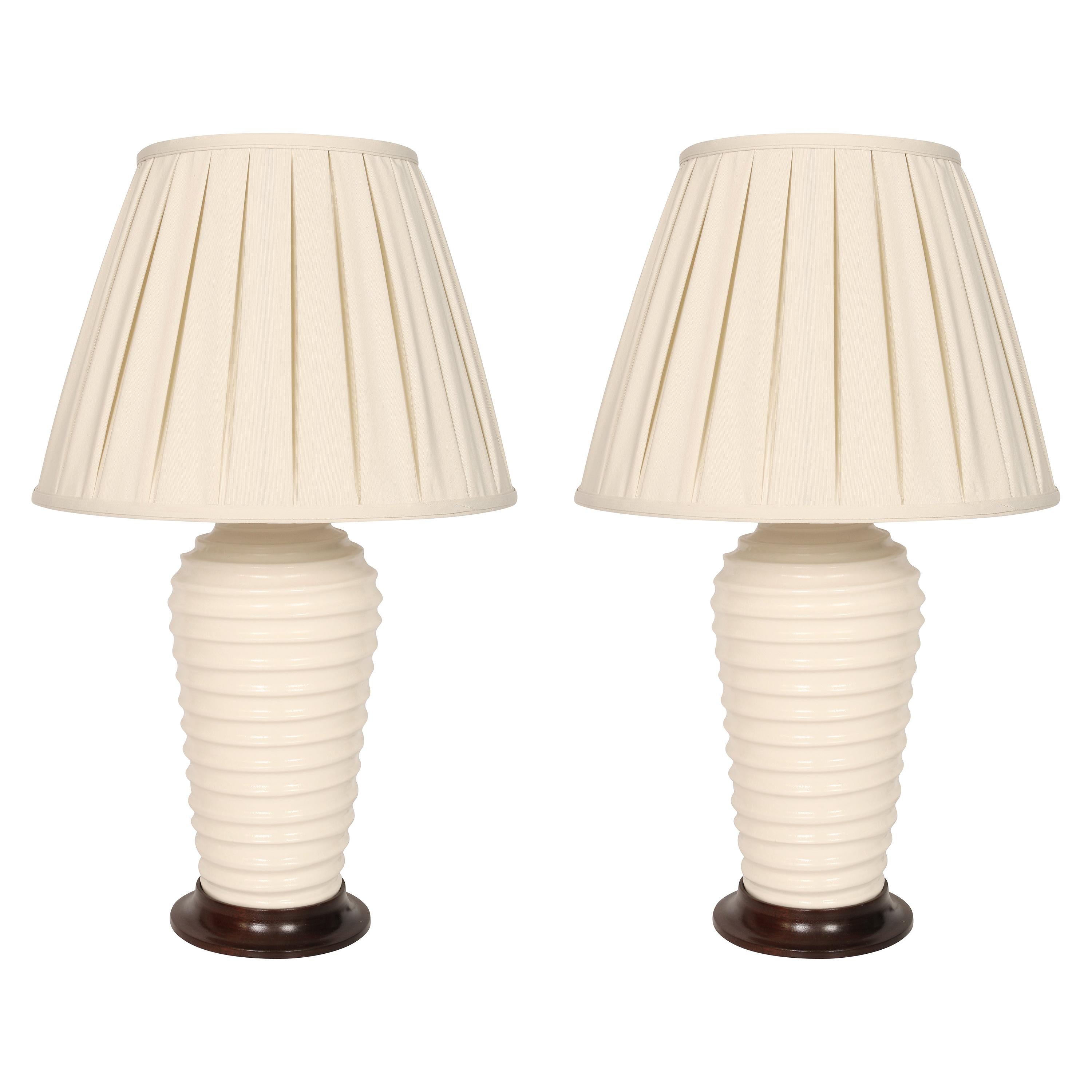 Pair of Vintage Christopher Spitzmiller White Ribbed Porcelain Lamps