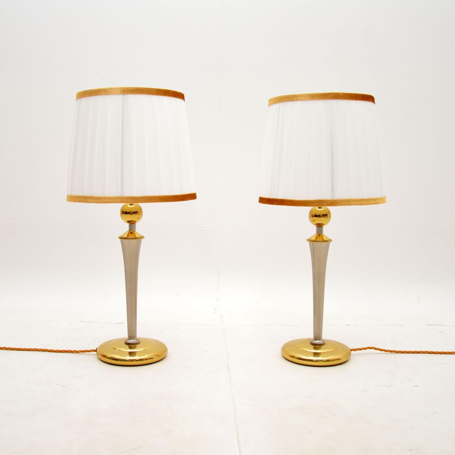 A very stylish and extremely well made pair of vintage chrome and brass table lamps. They were made in Italy, they date from around the 1970’s.

The quality is exceptional, they are beautifully styled and are a lovely size.

The condition is