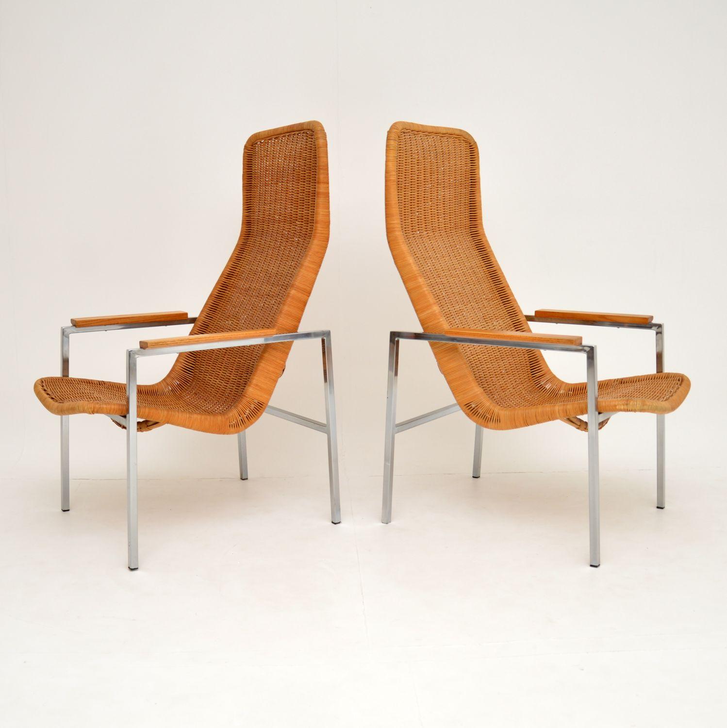 Mid-Century Modern Pair of Vintage Chrome and Rattan Armchairs by Dirk Van Sliedrecht For Sale