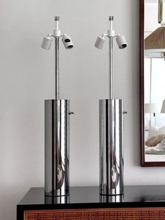 Pair Of Vintage Chrome Cylindrical Table Lamps From Nessen Studios