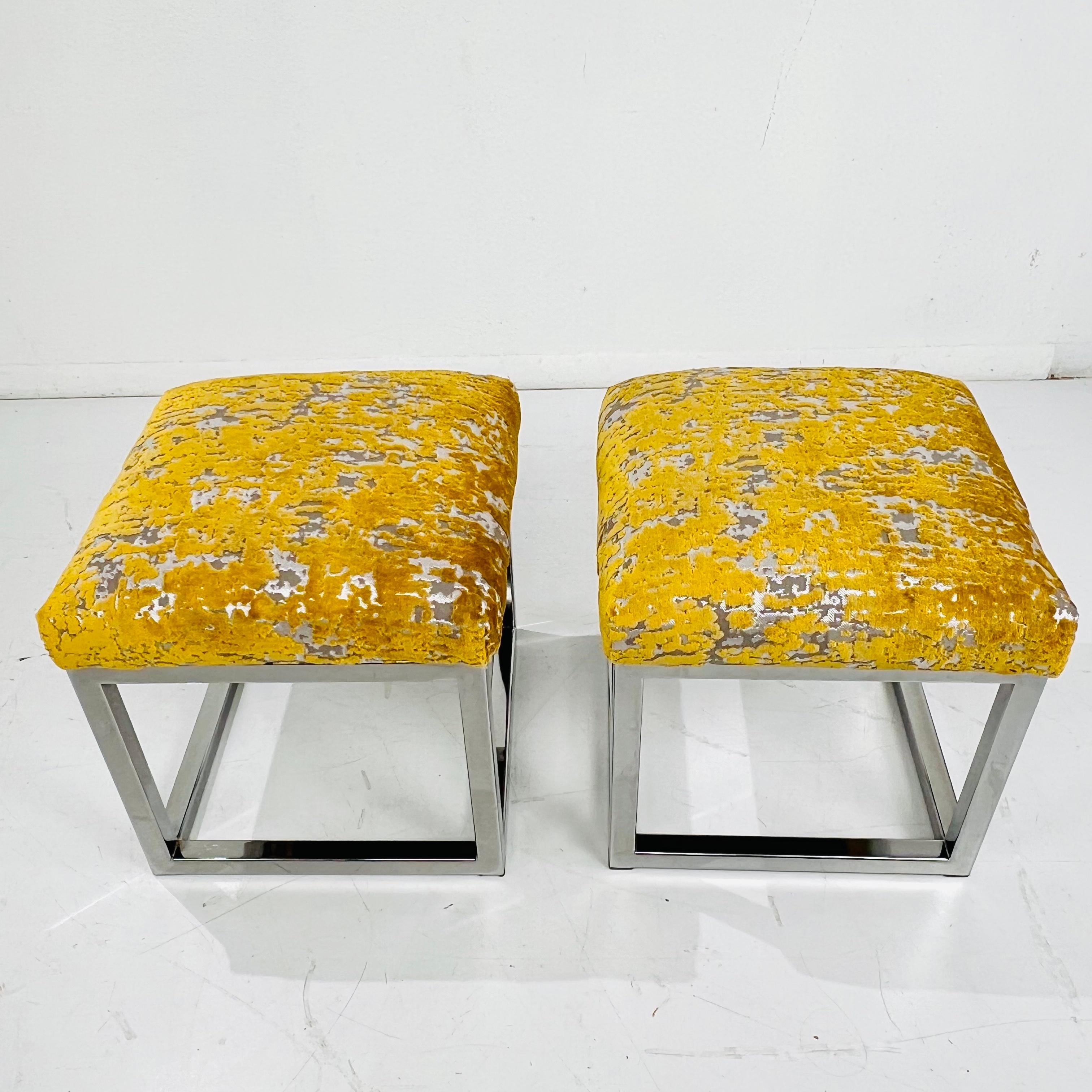 Pair of Vintage Chrome Frame Footstools / Ottomans For Sale 8