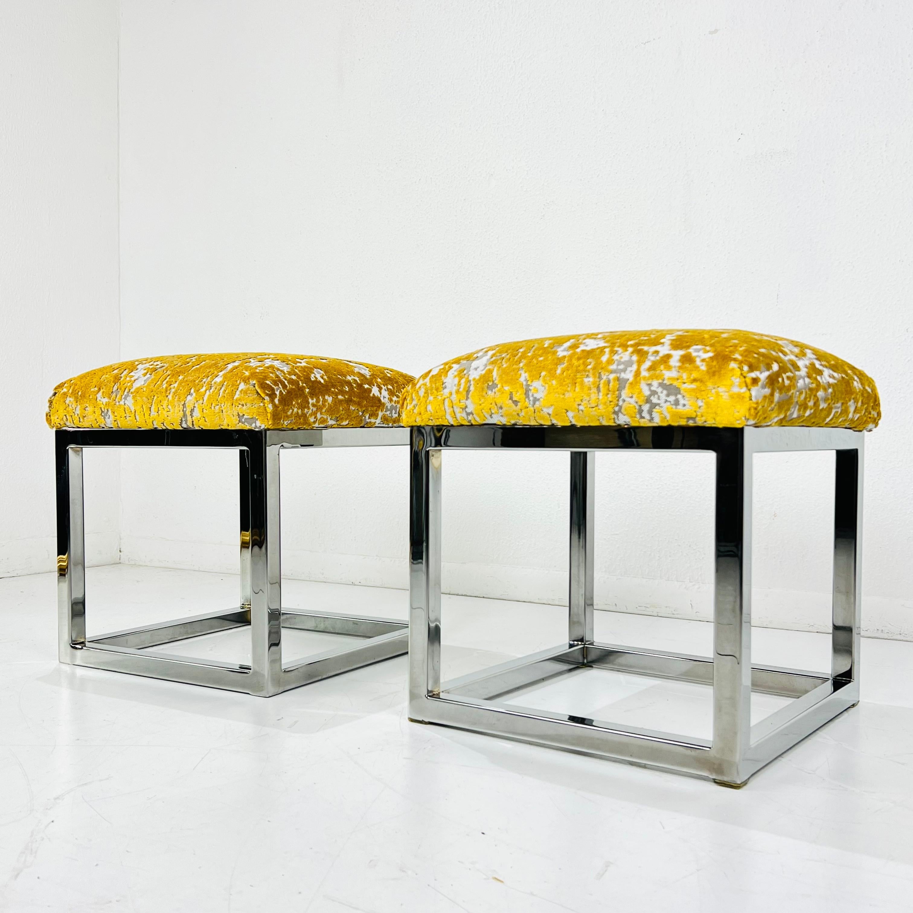 Mid-Century Modern Pair of Vintage Chrome Frame Footstools / Ottomans