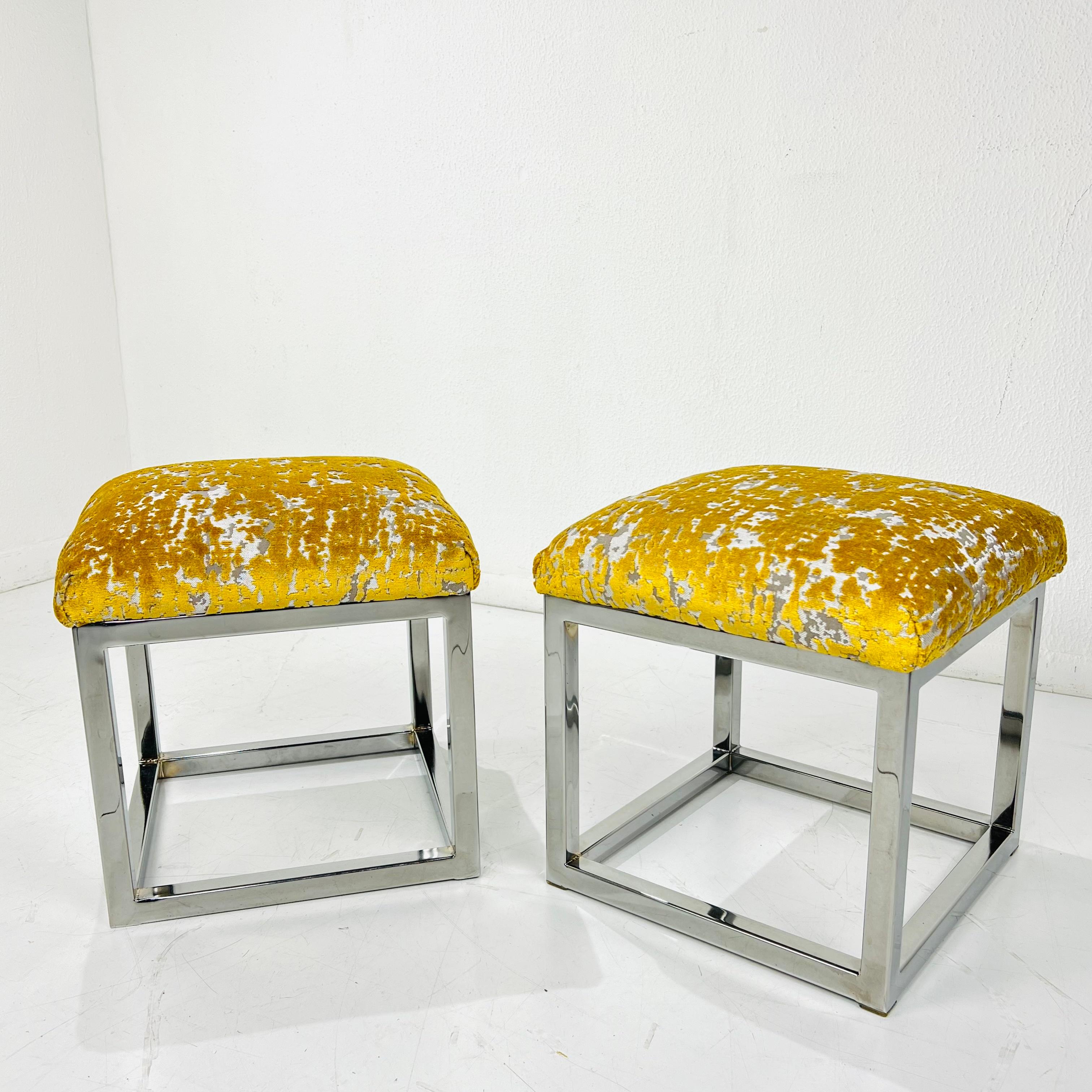Late 20th Century Pair of Vintage Chrome Frame Footstools / Ottomans For Sale