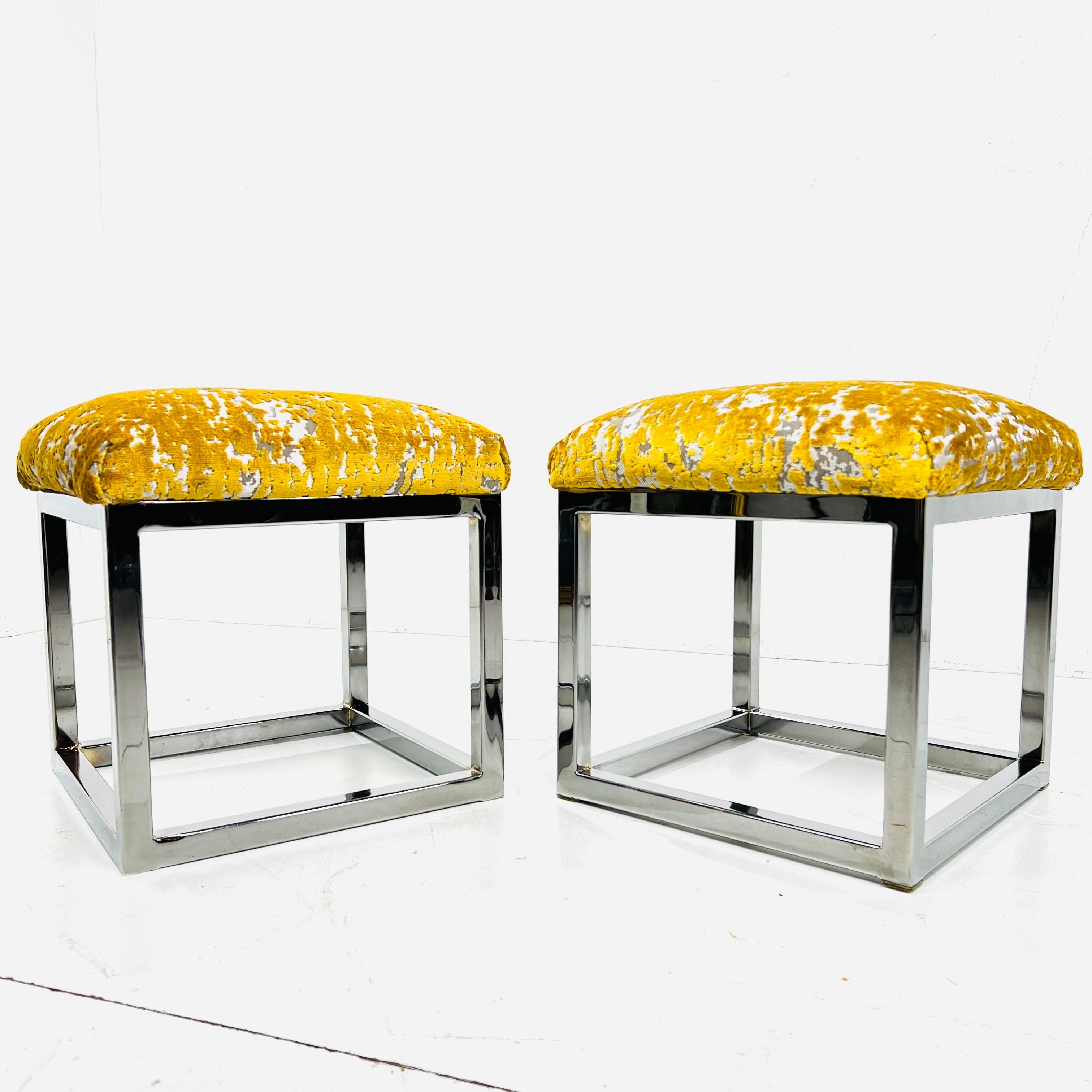 Pair of Vintage Chrome Frame Footstools / Ottomans For Sale 1