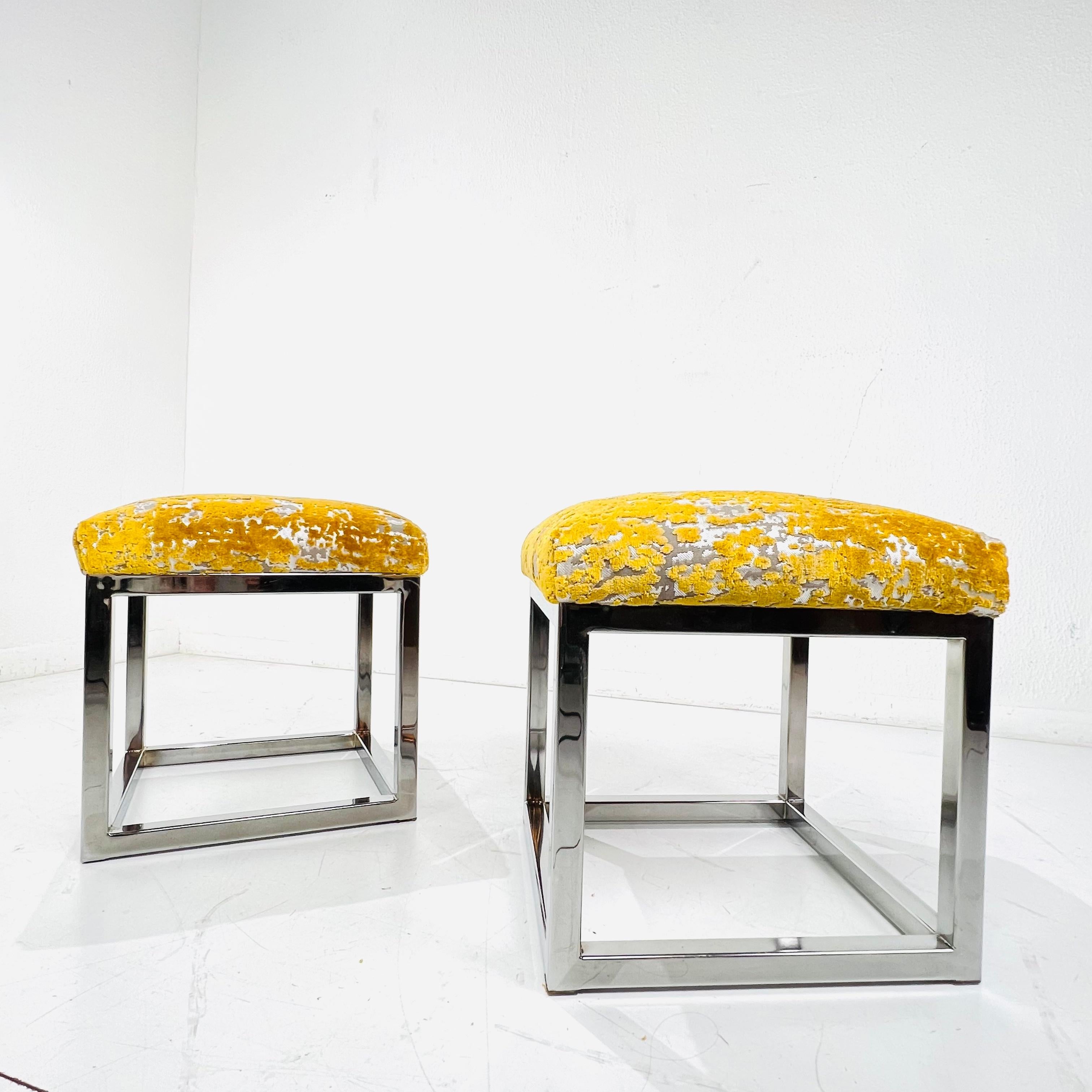 Pair of Vintage Chrome Frame Footstools / Ottomans For Sale 2