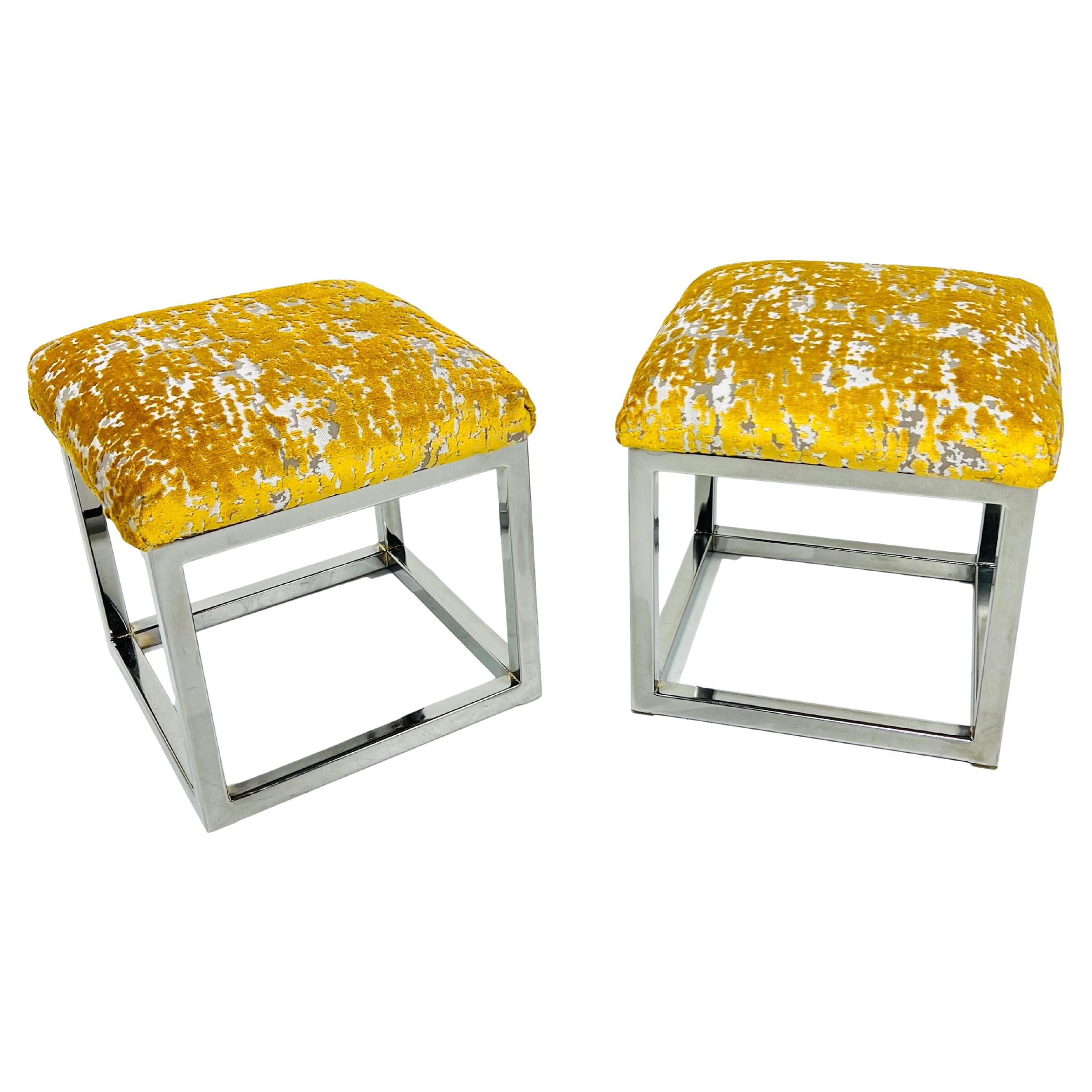 Pair of Vintage Chrome Frame Footstools / Ottomans For Sale