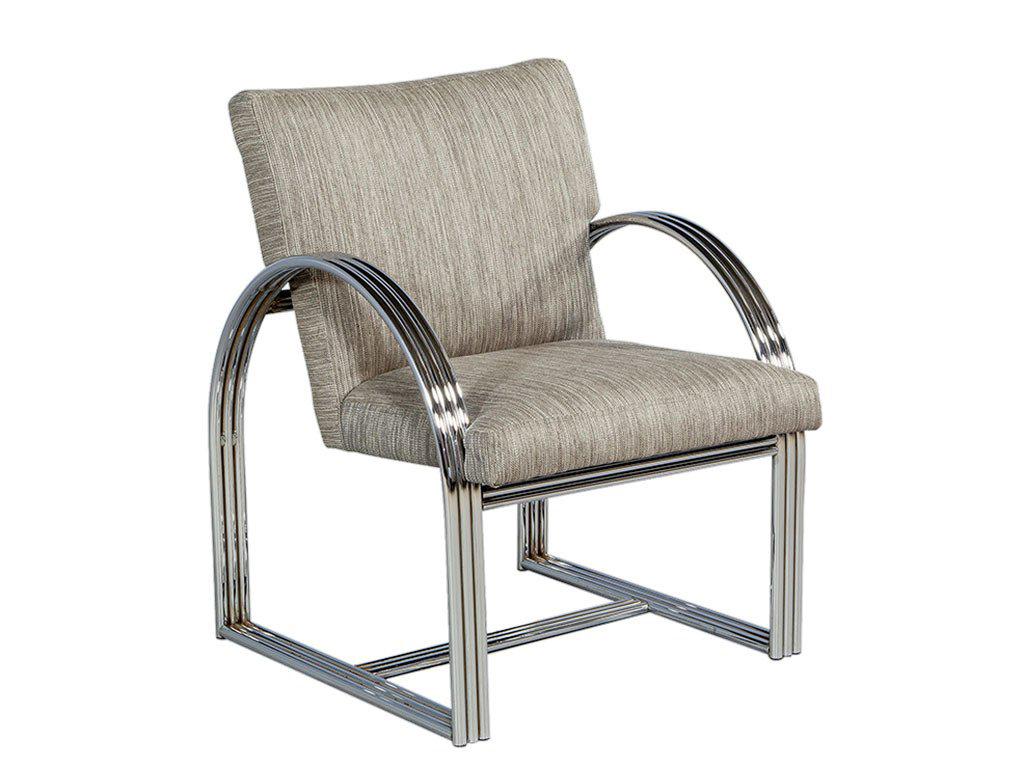 Pair of Vintage Chrome Side Chairs. Slick and unpretentious in the trademark Milo Baughman way, this set of two armchairs features a curved metallic frame coupled with earthy fabric cushioning. The original frame in polished chrome brings in a whole