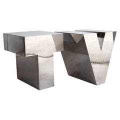 Pair Of Vintage Chrome 'TV' Letter Side Tables/Coffee Table, Mid 20th Century