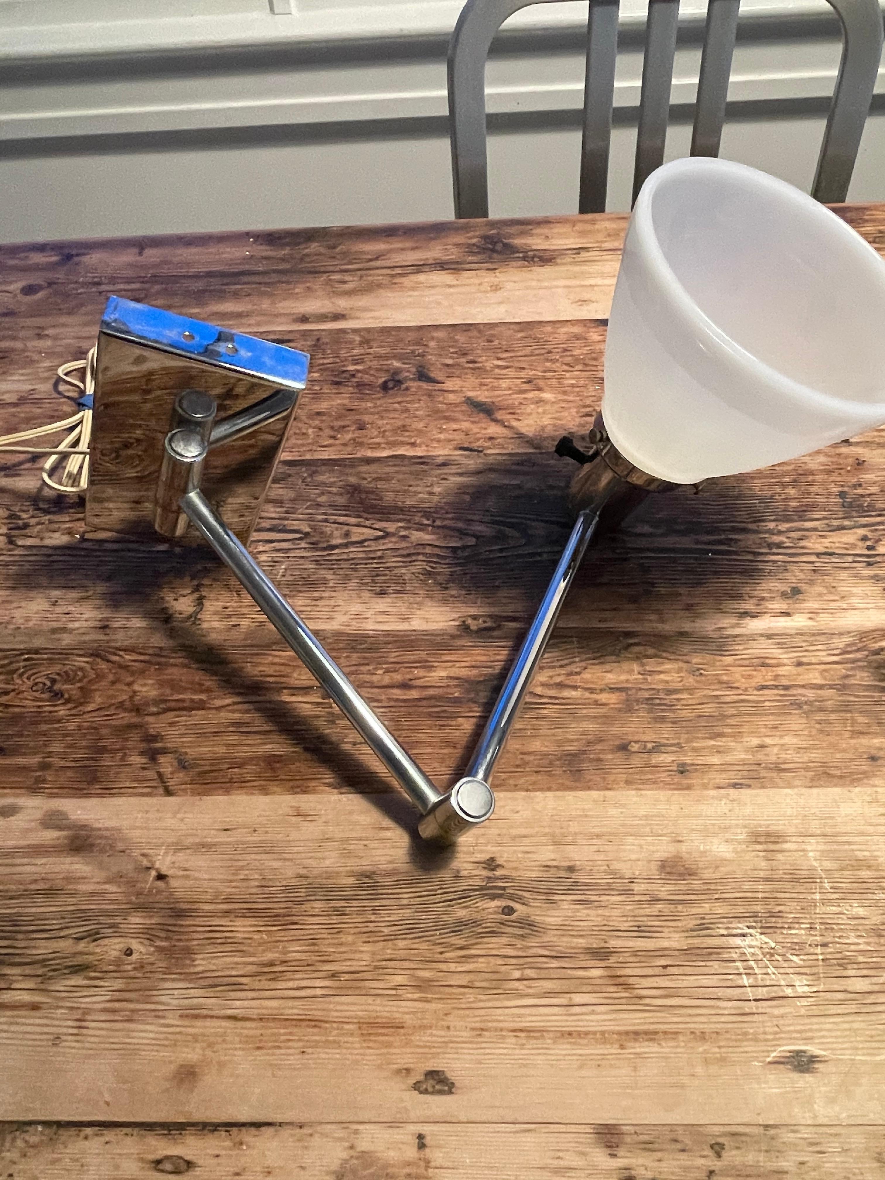 Milk Glass Pair of Vintage Chrome Walter Von Nessen Swing Arm Wall of Sconce Lamps For Sale