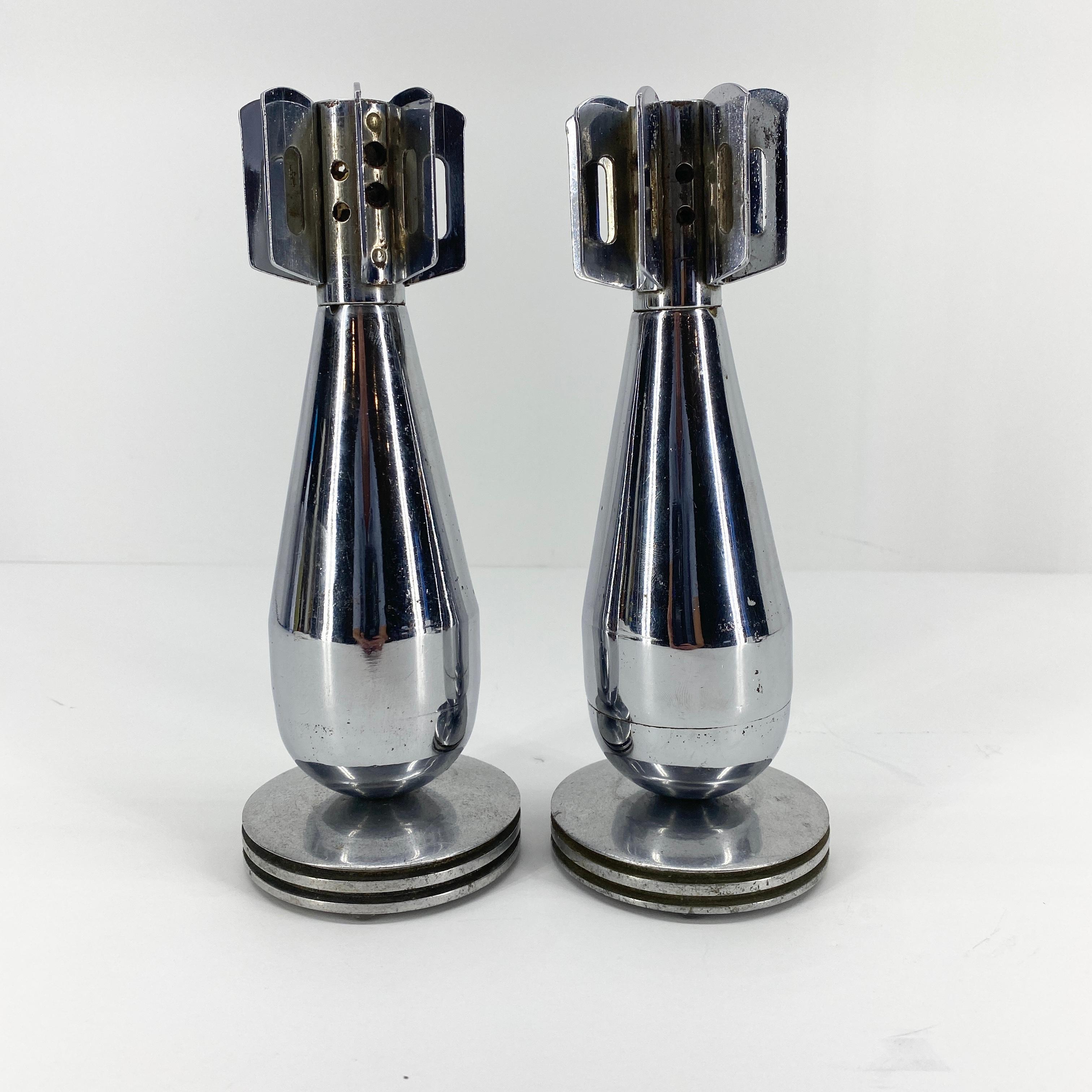 Mid-Century Modern Pair Of Vintage Chromed Mortar Grenade Candlesticks Desk Accessories