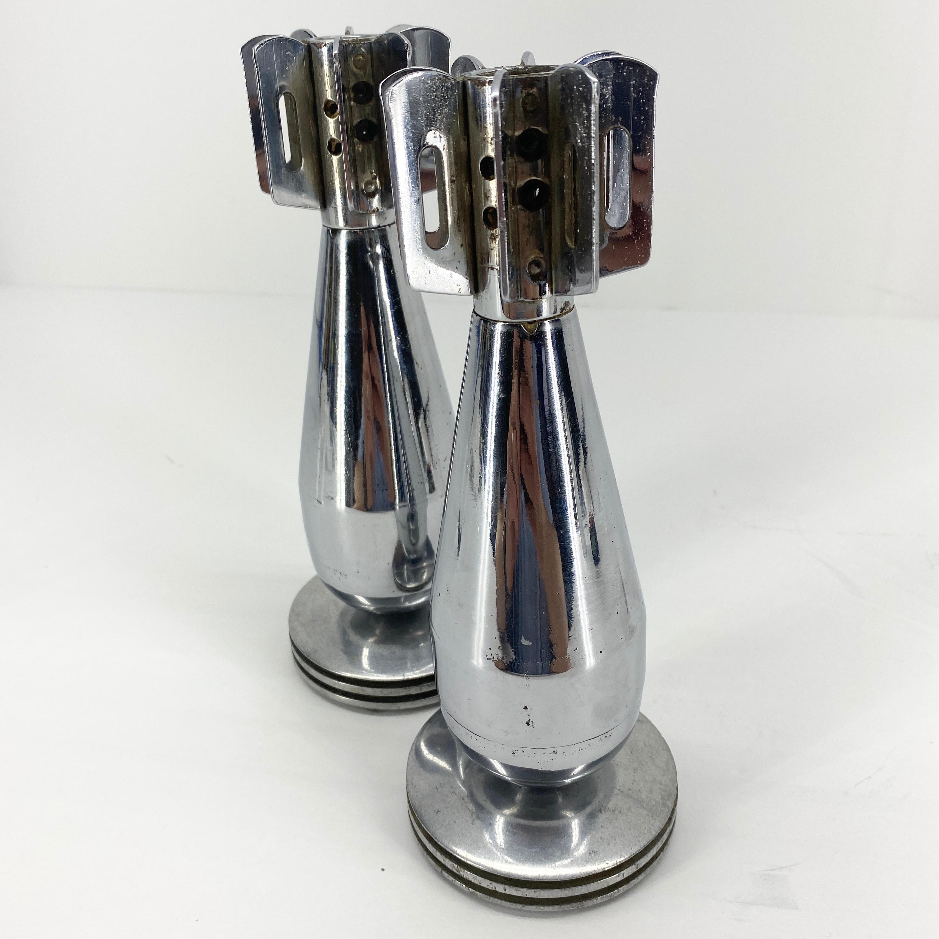 American Pair Of Vintage Chromed Mortar Grenade Candlesticks Desk Accessories