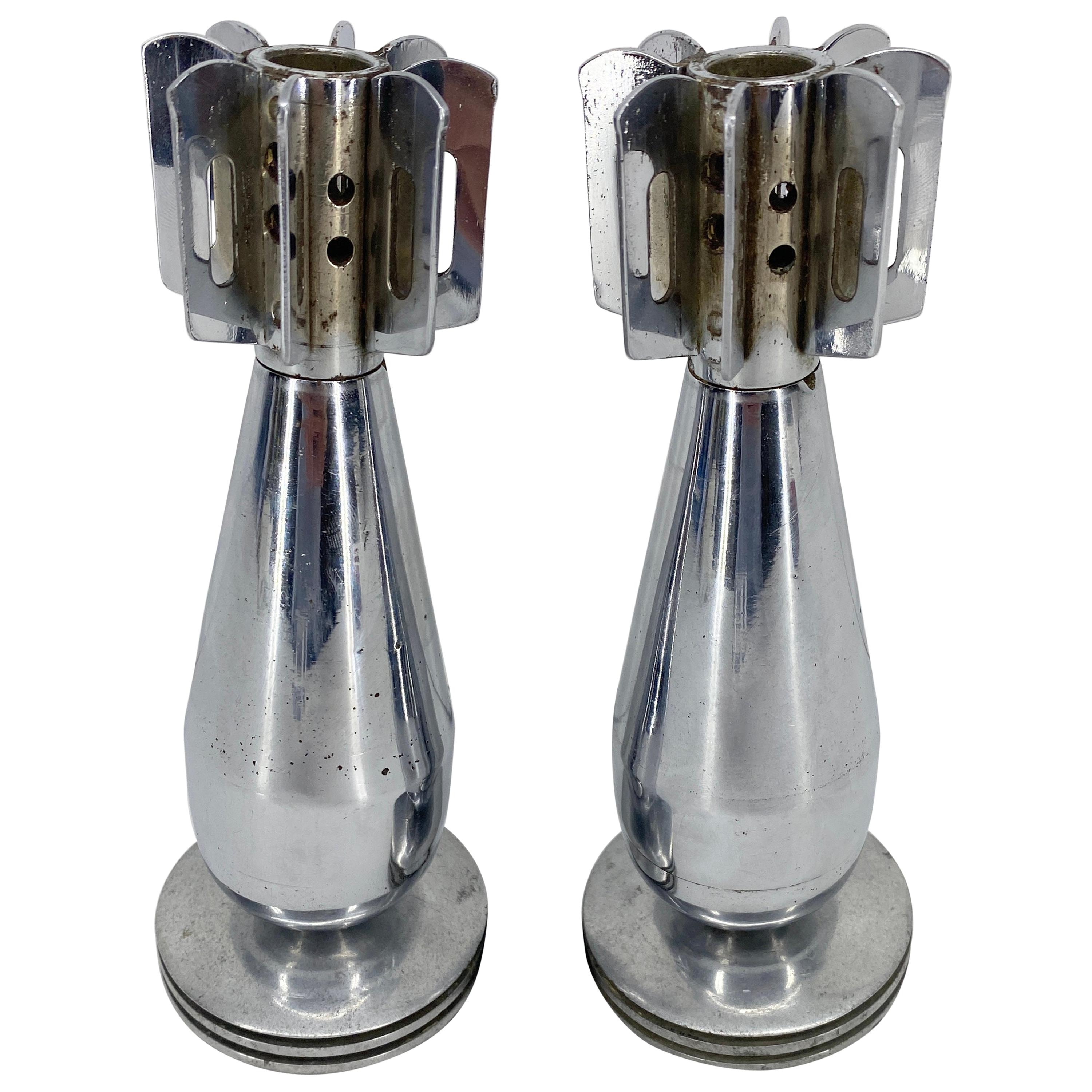 Pair Of Vintage Chromed Mortar Grenade Candlesticks Desk Accessories