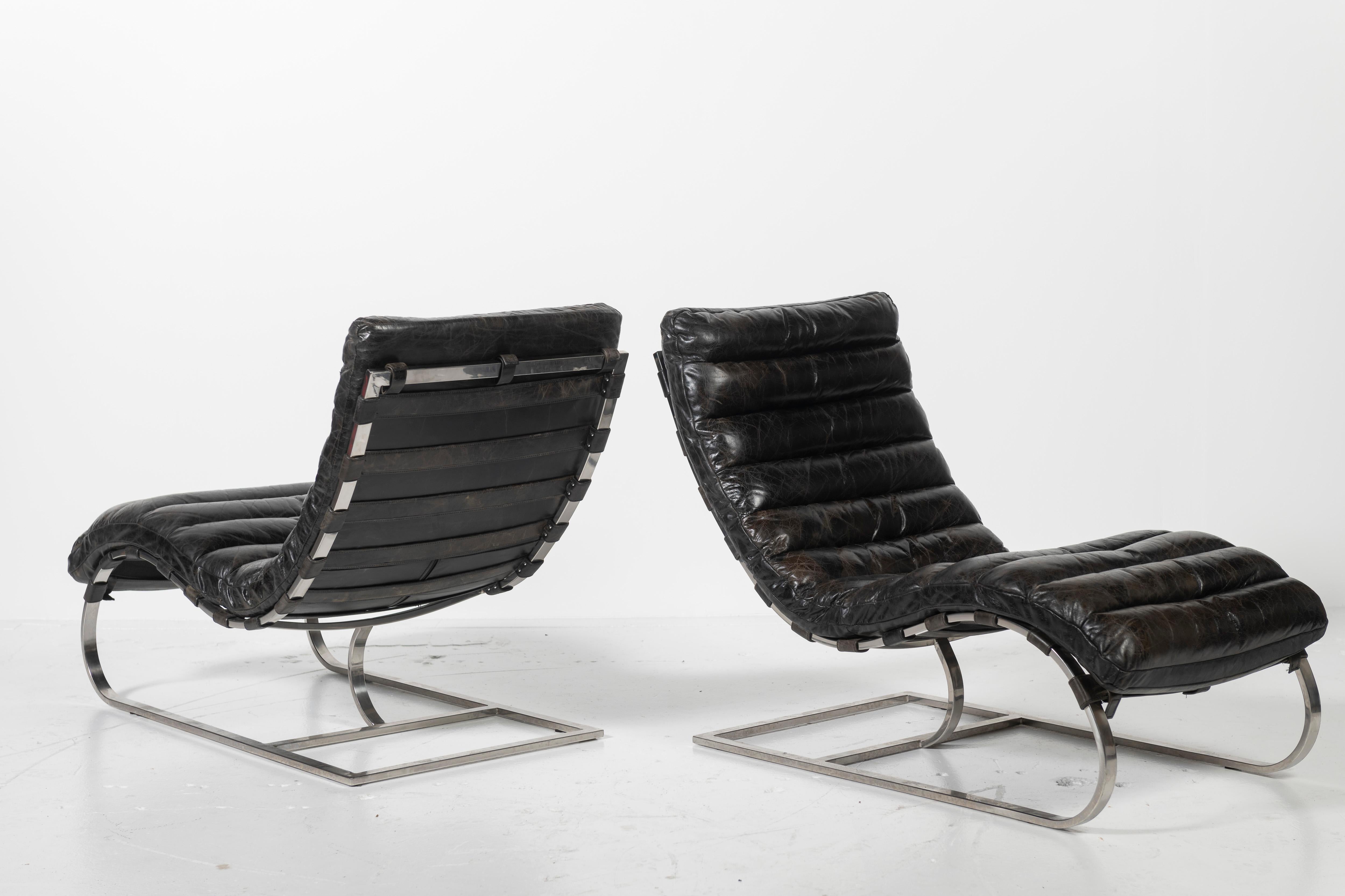Paar Michel Boyer-Sessel aus verchromtem Stahl und schwarzem Leder, Vintage (Französisch) im Angebot