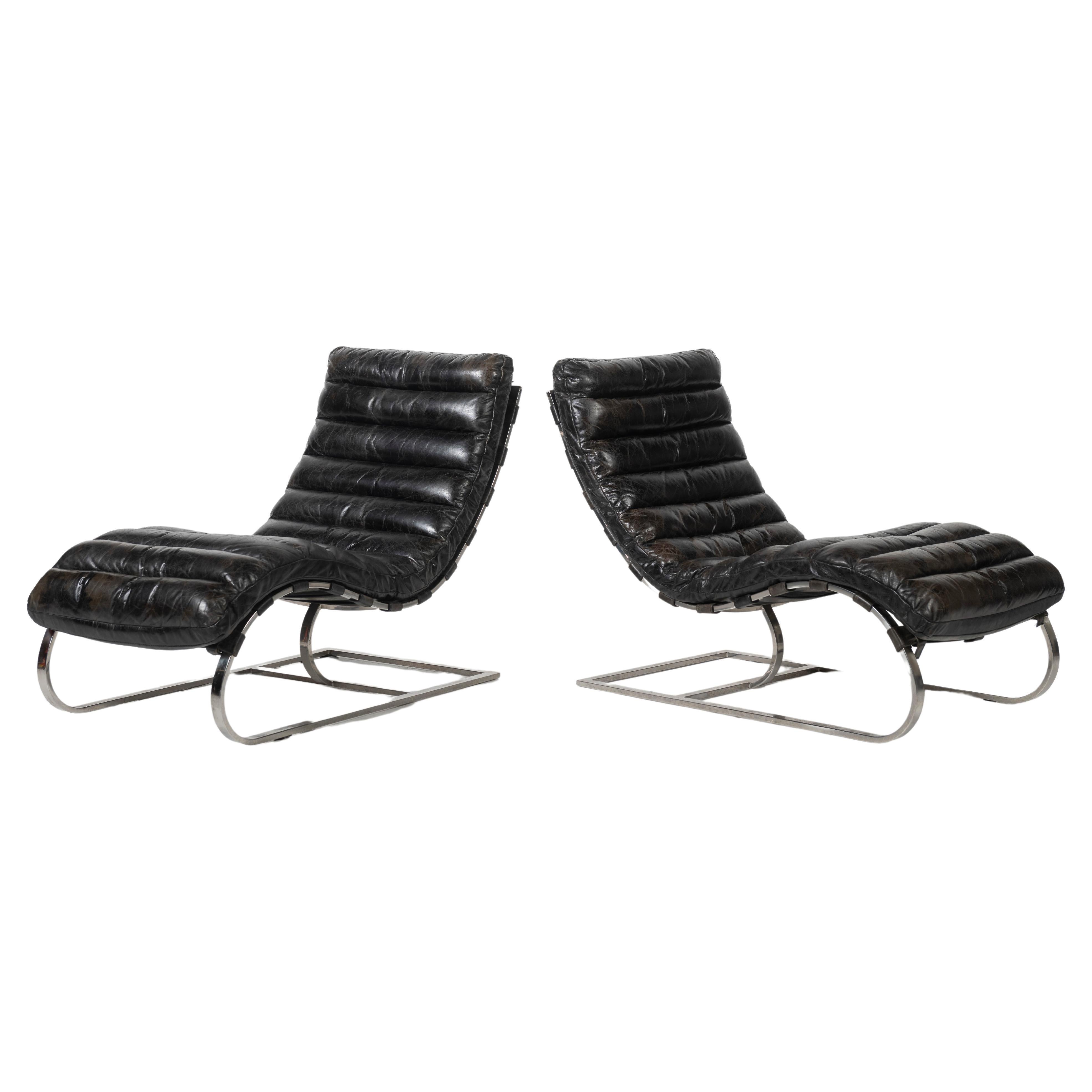 Pair of Vintage Michel Boyer Chromed Steel & Black Leather Chaise Lounge Chairs