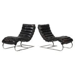 Pair of Vintage Chromed Steel and Black Leather Chaise Lounge Chairs
