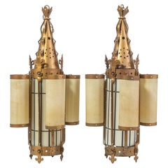 Pair of Vintage Church Pendants in Brass and Glass