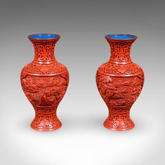 Pair of Vintage Cinnabar Baluster Vases, Oriental, Lacquer, Cloisonne, Posy Urn