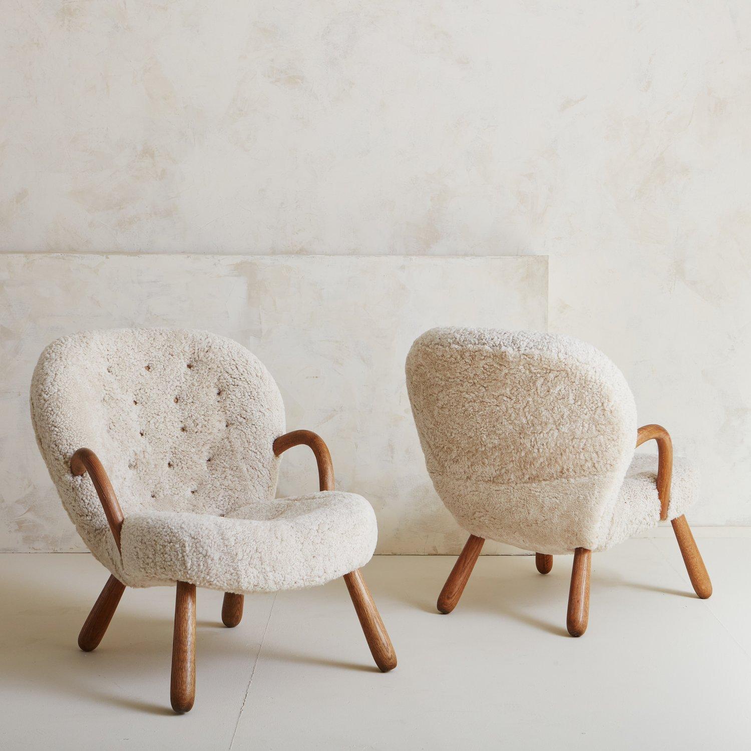 Pair of Vintage Clam Chairs in Shearling by Philip Arctander, Denmark 1944 6