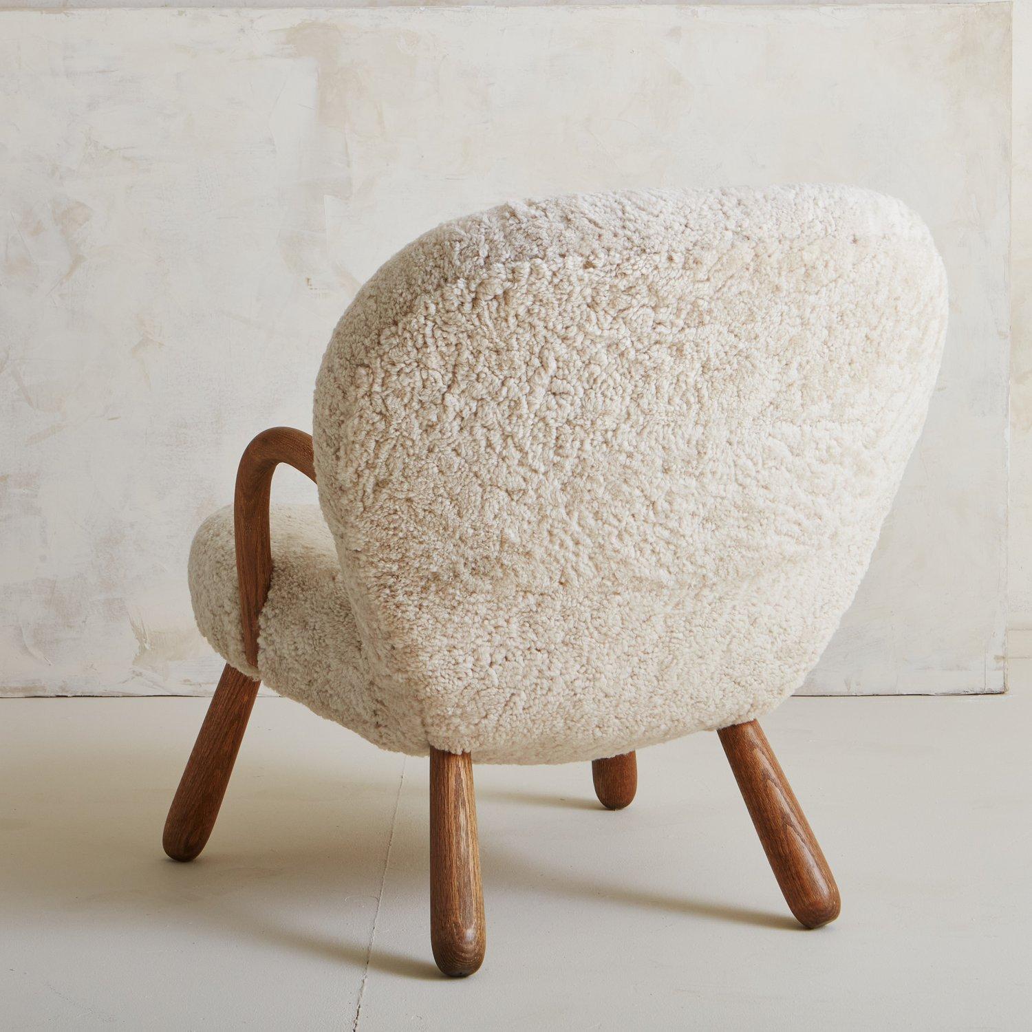 Mid-Century Modern Pair of Vintage Clam Chairs in Shearling by Philip Arctander, Denmark 1944