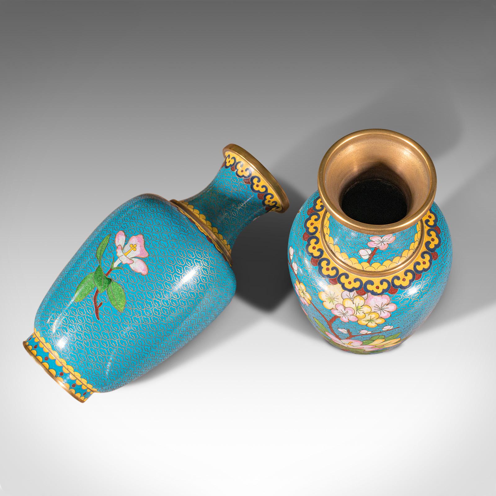 20th Century Pair Of Vintage Cloisonne Posy Vases, Chinese, Flower, Baluster, Art Deco, 1940 For Sale