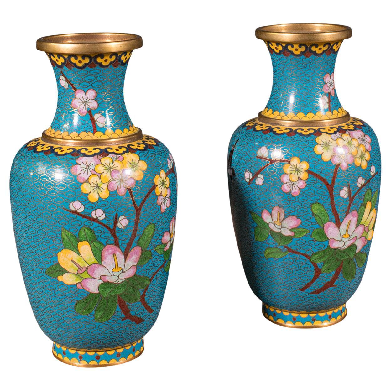 Paire de vases vintage en cloisonné, chinois, fleur, balustre, Art déco, 1940