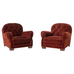 Pair of Vintage Club Chairs in Deep Rust Mohair