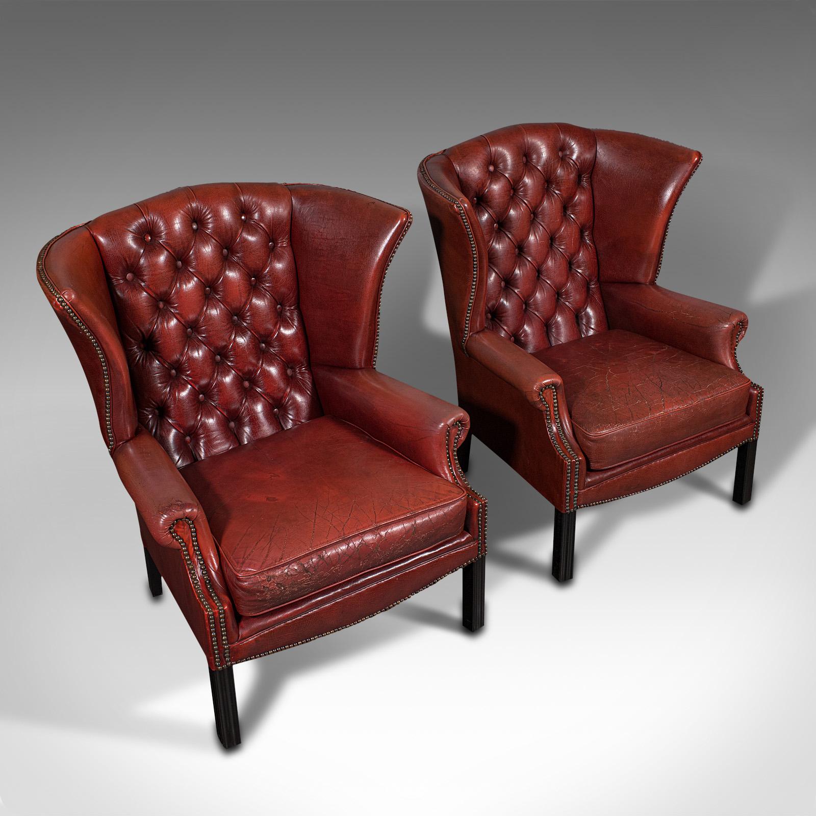 20th Century Pair of Vintage Clubhouse Wingback Chairs, English, Leather, Armchair, C.1950 For Sale