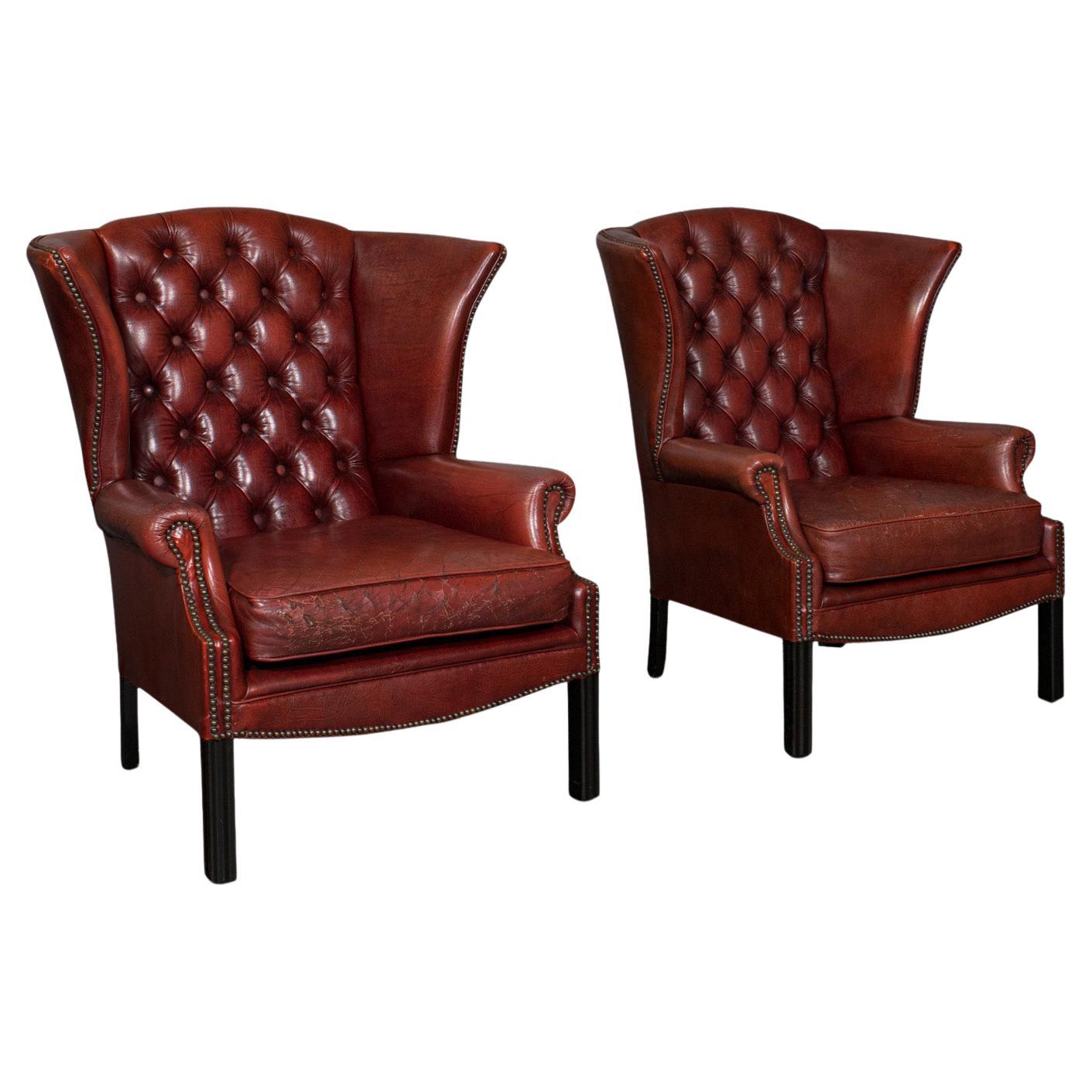 Pair of Vintage Clubhouse Wingback Chairs, English, Leather, Armchair, C.1950