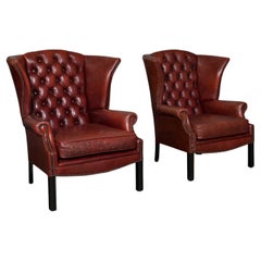 Pair of Retro Clubhouse Wingback Chairs, English, Leather, Armchair, C.1950