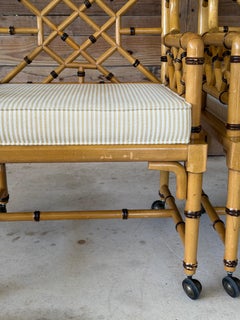 Pair of Vintage Coastal Faux Bamboo Rattan Lattice Armchairs by French Heritage