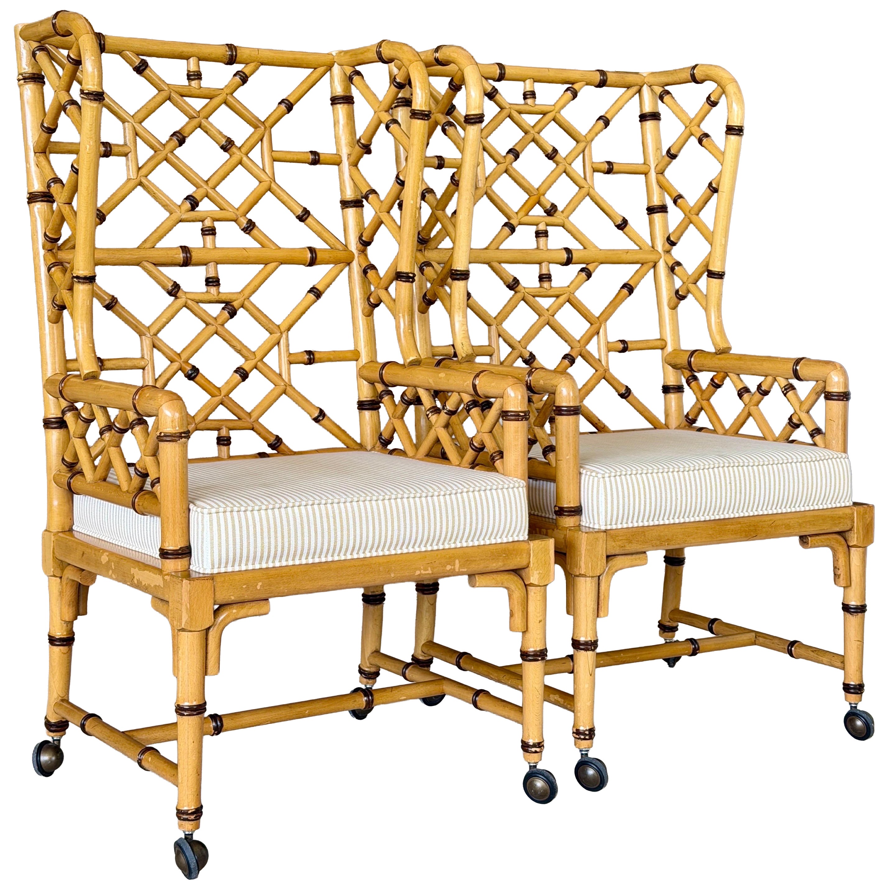 Pair of Vintage Coastal Faux Bamboo Rattan Lattice Armchairs by French Heritage For Sale