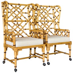 Pair of Vintage Coastal Faux Bamboo Rattan Lattice Armchairs by French Heritage