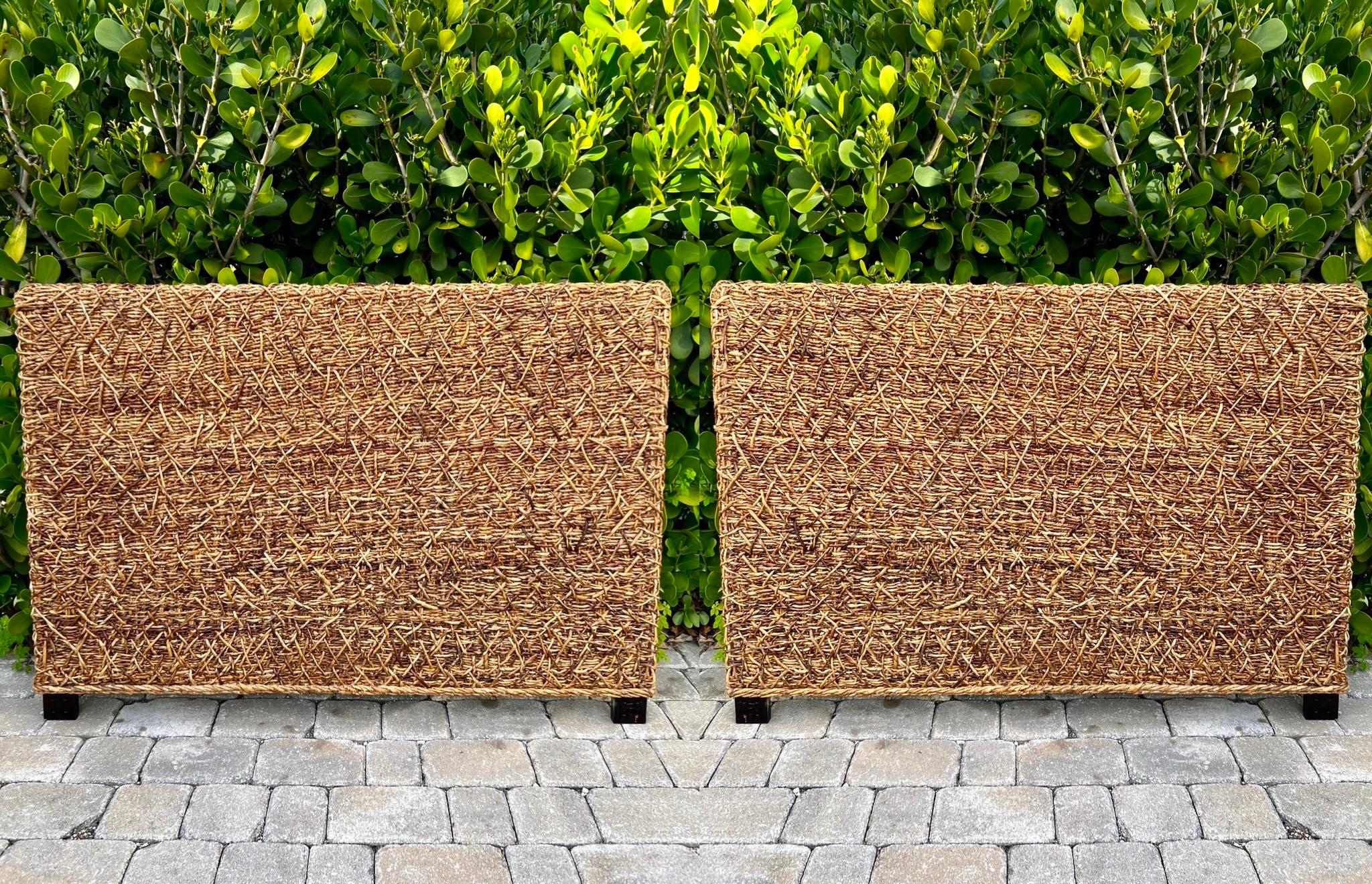 Pair of Artisan-made headboards in natural abaca fibers, expertly hand-woven over ebonized wood frames. Full size headboards feature woven patterns with organic textures for the perfectly stylized Organic Modern or Coastal bedroom design.