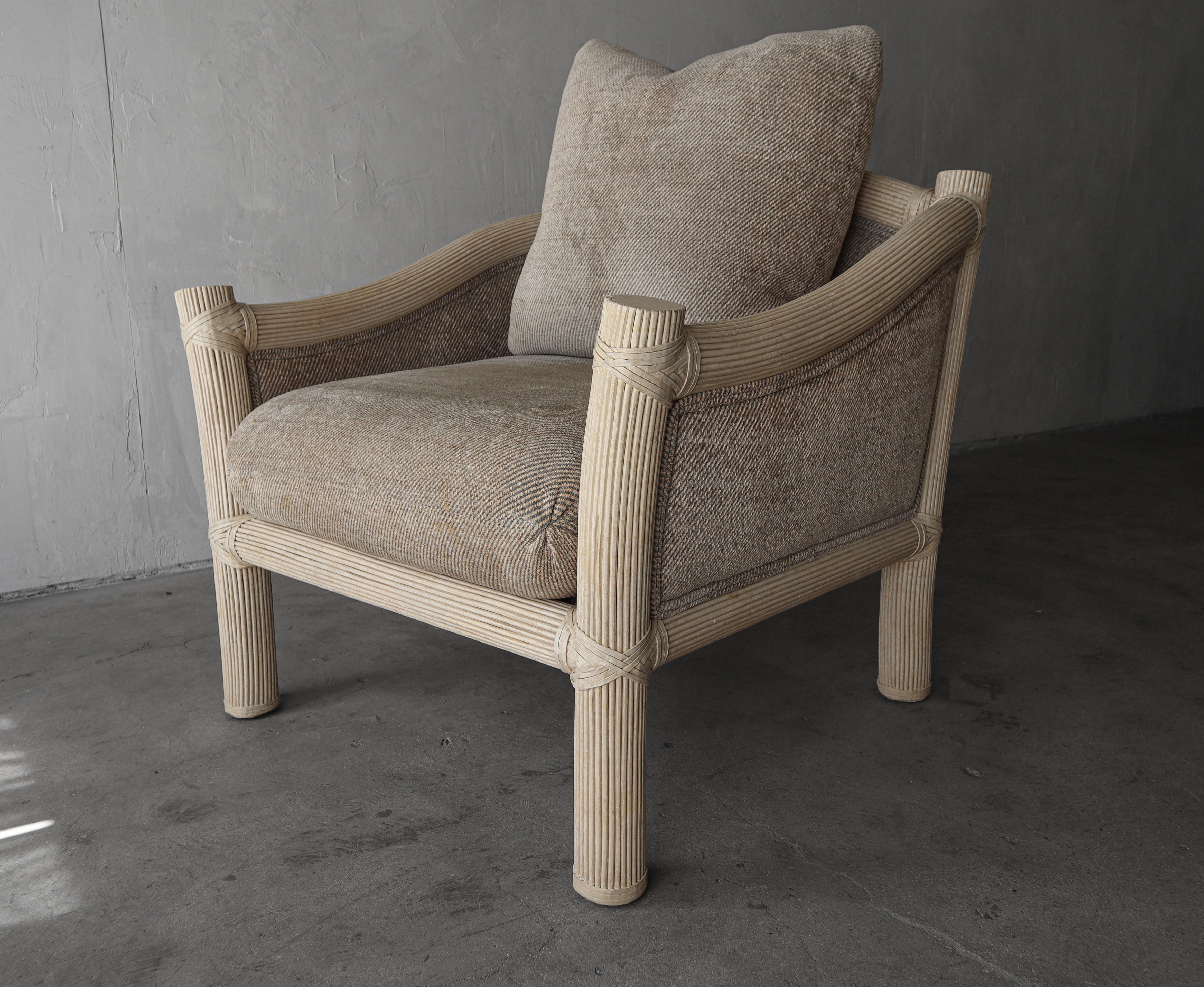 Pair of Vintage Coastal Reeded Bamboo Lounge Chairs For Sale 3