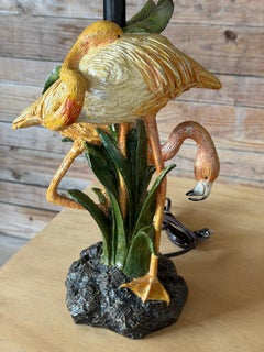 Pair of Vintage Coastal Sculptural Double Flamingo Table Lamps Original Shades