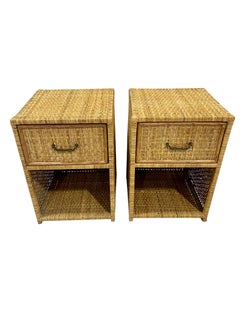 Pair of Vintage Coastal Woven Rattan Nightstands or End Tables