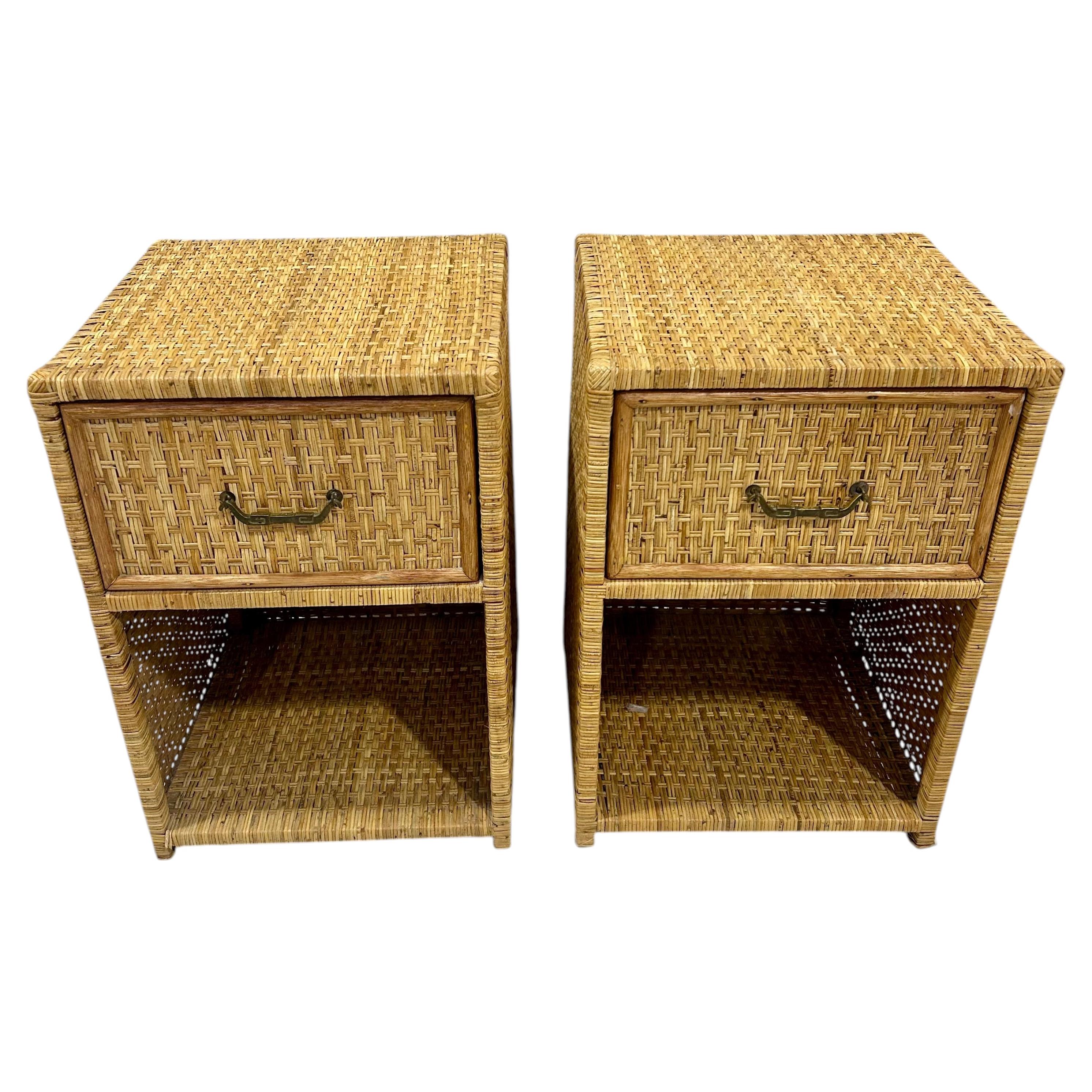Pair of Vintage Coastal Woven Rattan Nightstands or End Tables