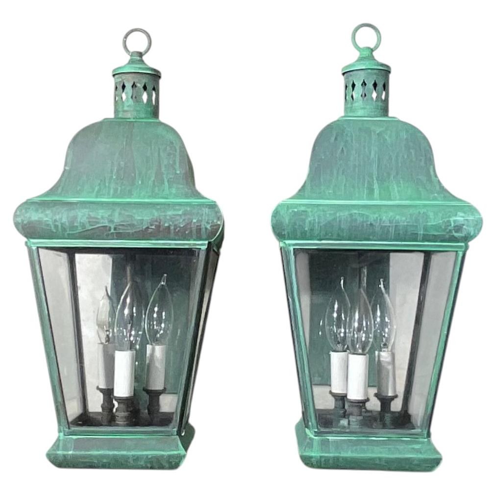 Pair of Vintage Colonial Solid Brass Wall Lanterns. 20”H x 8”.5W x 12”D