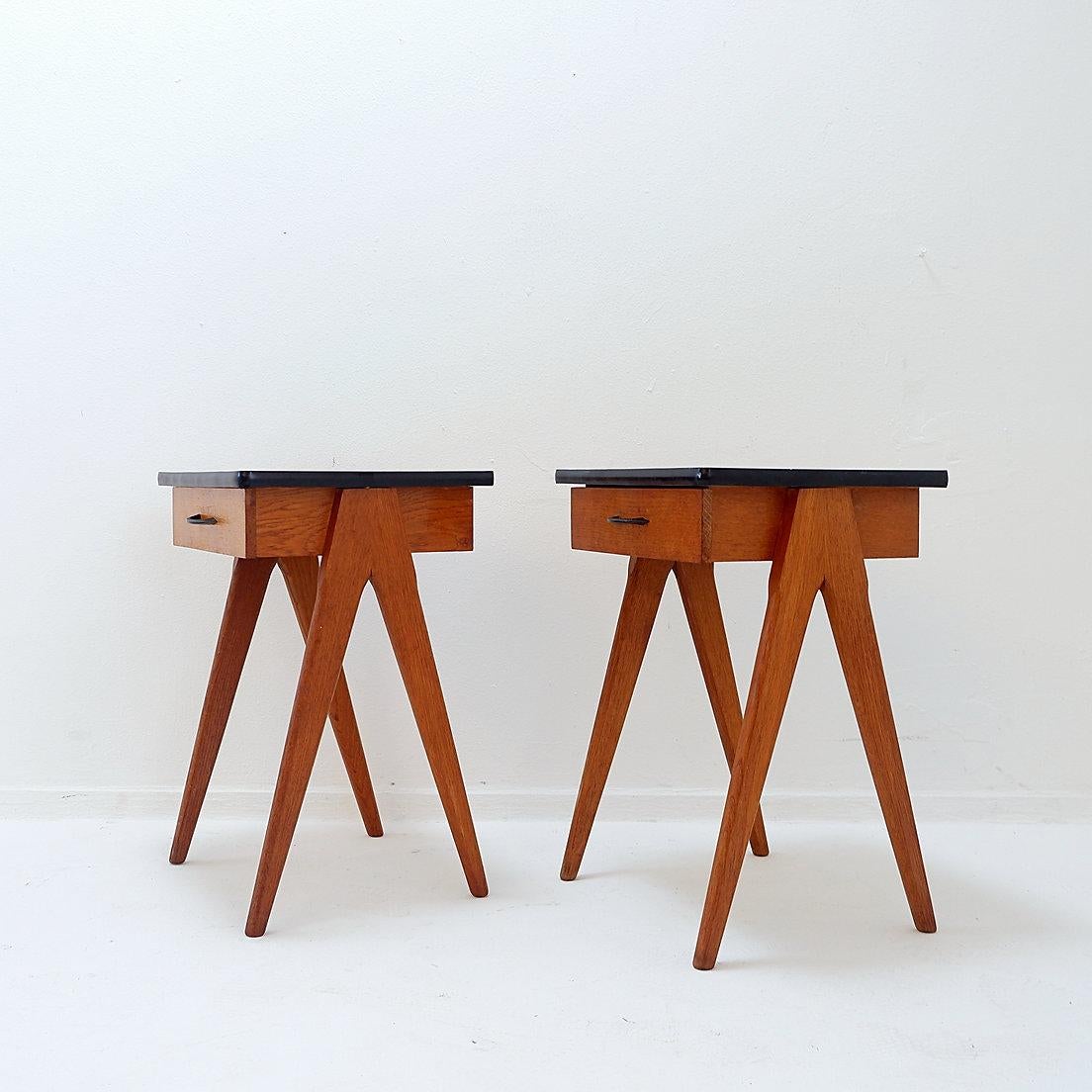 Wood Pair of vintage compass legs bedside tables - circa 1960 For Sale